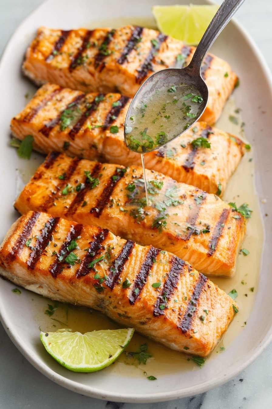 Cilantro Lime Grilled Salmon, grilled salmon recipes, citrus salmon dinner, healthy seafood recipes, easy summer seafood - Four thick rectangles of grilled salmon with golden brown grill marks and small green herb sprinkles lie side by side on a white plate, with a light drizzle of clear herb sauce added from a silver spoon held above. The salmon is a warm orange color with some shiny moist texture. Around the salmon are small green herb leaves and a wedge of lime on a white marbled surface in soft light. photo taken with an iphone --ar 2:3 --v 7