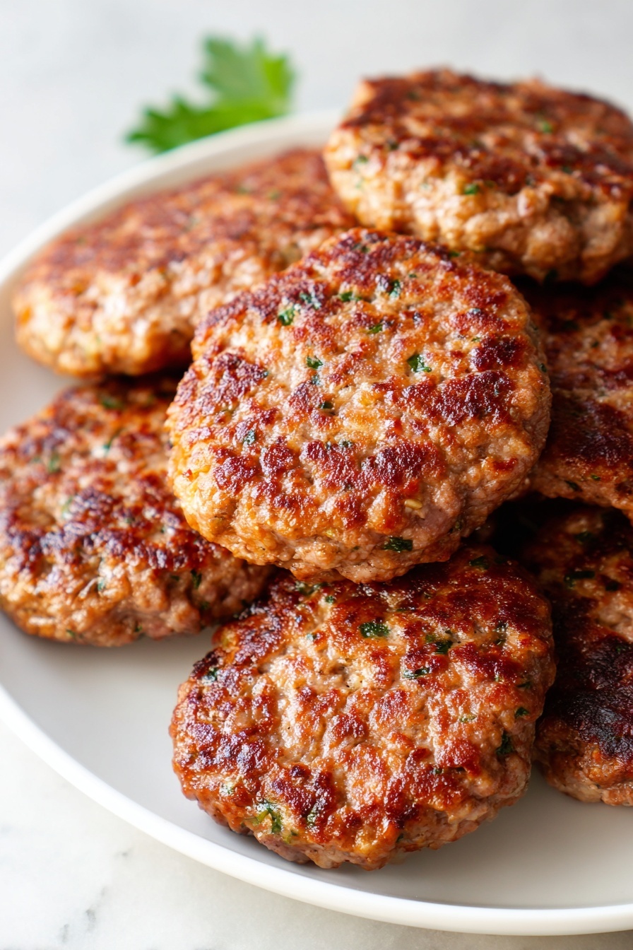 Air Fryer Turkey Breakfast Sausage, healthy turkey breakfast sausage, easy air fryer sausage recipe, quick breakfast sausage, low-fat turkey sausage - The image shows eight round, cooked patties arranged loosely on a white marbled surface. Each patty has a browned, slightly crispy outer layer with a textured surface that shows bits of herbs. One patty in the center is partially broken open, revealing a moist and soft pinkish inside with visible small chunks and green seasoning. The patties vary slightly in size, and the lighting highlights their glossy, oily finish. photo taken with an iphone --ar 2:3 --v 7