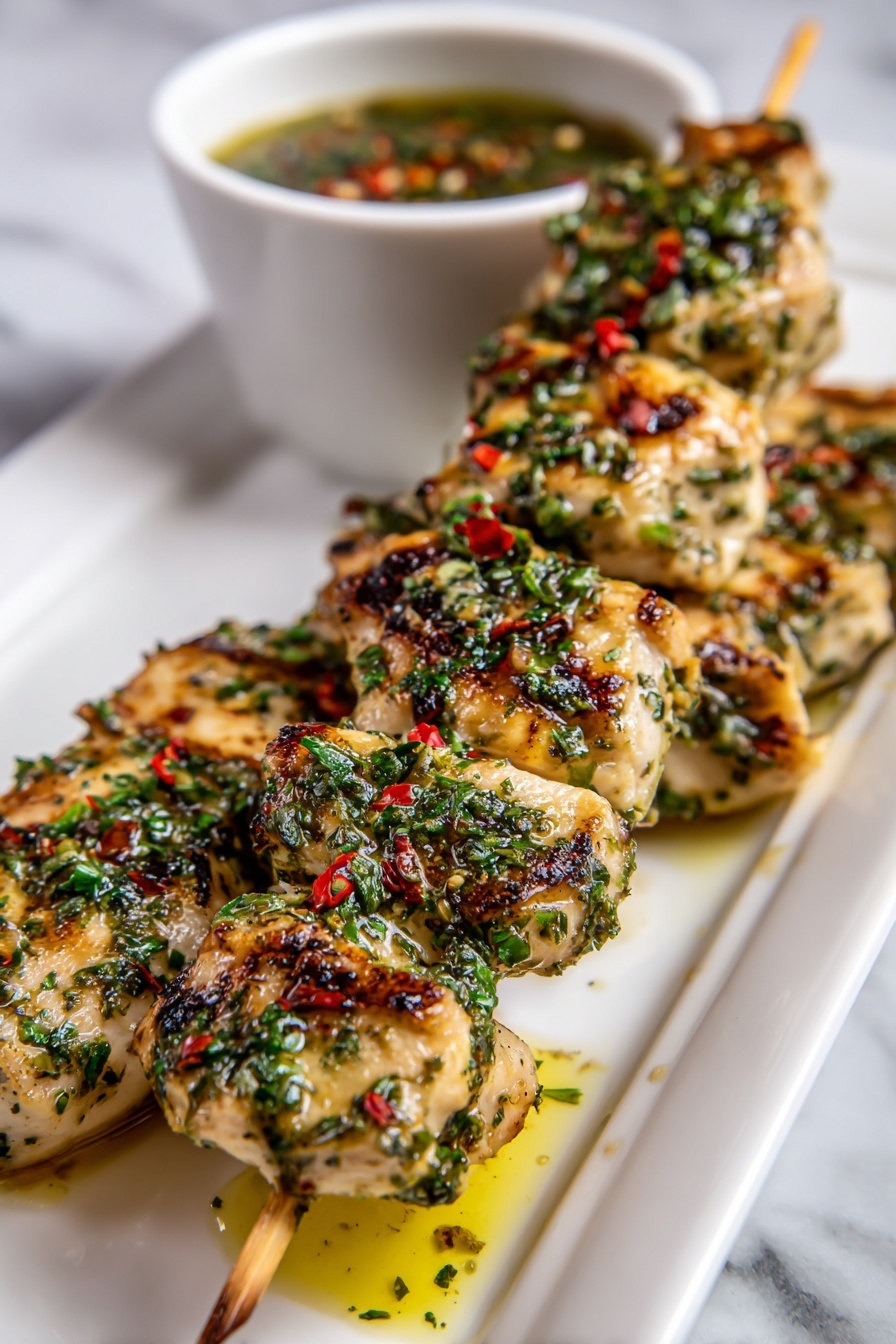 Air Fryer Garlic-Parmesan Chicken Skewers, Chicken Skewers with Garlic and Parmesan, Quick Air Fryer Chicken Dinner, Juicy Chicken Skewers, Easy Chicken Recipes - Five wooden skewers lay side by side on a white marbled surface, each filled with pieces of grilled chicken. The chicken pieces are golden-brown with charred edges and are coated with a green herb sauce mixed with red chili flakes, giving a speckled texture and color contrast. Small droplets of oil or sauce glisten on and around the skewers, adding a shiny, moist look to the dish. Photo taken with an iphone --ar 2:3 --v 7