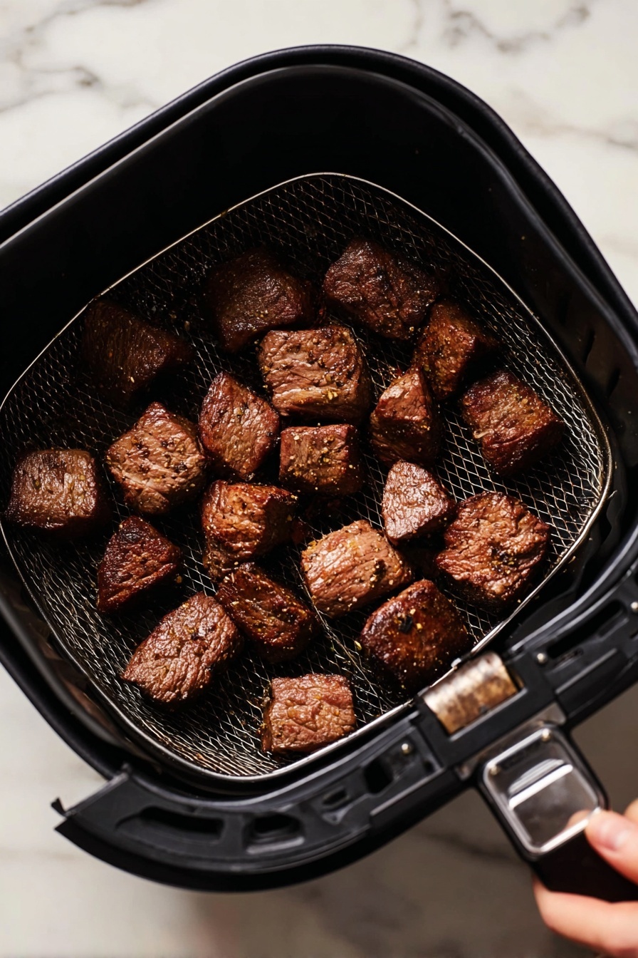 Air Fryer Steak Bites with Garlic Butter, Air Fryer Steak Bites, Easy Steak Bites, Garlic Butter Steak, Quick Steak Dinner - A white round plate holds about twenty small, dark brown beef cubes arranged loosely in a single layer. Each cube has a slightly shiny, textured surface, with small green herb bits and tiny white garlic pieces sprinkled on top. On the left side of the plate, there is a small white bowl filled with a yellowish garlic and herb sauce that has visible bits of herbs and garlic floating in the oil. The plate rests on a white marble surface. photo taken with an iphone --ar 2:3 --v 7