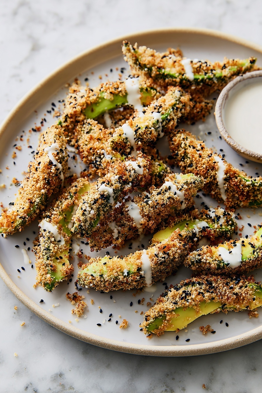 Air Fryer Everything Bagel Avocado Fries, crunchy avocado fries, healthy snack ideas, quick avocado recipes, easy air fryer snacks - The image shows a white plate filled with many avocado slices coated in a crunchy sesame and breadcrumb mix. The avocado pieces are vibrant green inside with a rough, golden-brown, and sesame-speckled crust on the outside. Some creamy white sauce is drizzled over the avocado slices, creating soft streaks on top and a few drops around the plate. The plate rests on a white marbled surface, with scattered crumbs around the avocado slices adding texture and detail. The close-up view highlights the contrast between the bright green avocado and the textured coating, with natural lighting emphasizing the crispy, toasted coating photo taken with an iphone --ar 2:3 --v 7