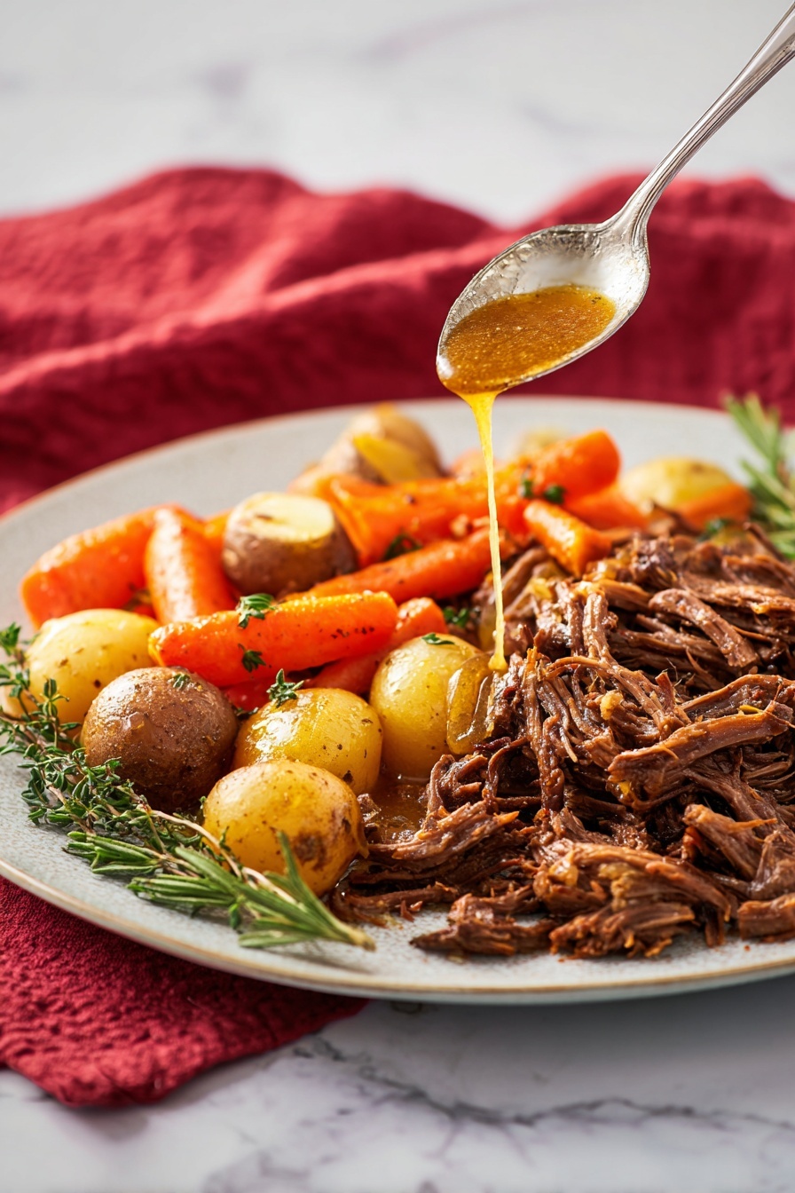 Instant Pot Pot Roast with Potatoes and Carrots, easy beef stew, tender beef roast recipe, one-pot instant pot dinner, hearty slow cooker beef - The dish shows a white plate filled with two main parts: on the left side, there is a pile of shredded dark brown beef mixed with small pieces of cooked onions and green herbs, creating a rich and textured look; on the right side, there are thick slices of bright orange cooked carrots mixed with light brown halved baby potatoes, garnished with fresh green thyme and rosemary sprigs scattered across both sides of the plate. The background is a white marbled texture. Photo taken with an iphone --ar 2:3 --v 7