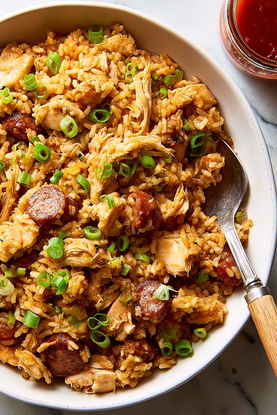Instant Pot Jambalaya, Cajun Chicken and Sausage Stew, Easy One-Pot Cajun Meal, Speedy Jambalaya Dinner, Instant Pot Cajun Recipes - This image shows a large black pot filled with a cooked rice dish. The rice is light brown and mixed with chunks of cooked chicken that are off-white and shredded, slices of browned sausage that are dark reddish-brown, and small green onion rings scattered on top. There are small pieces of green celery mixed throughout the rice. A wooden spoon with a smooth surface rests inside the pot, partially covered with rice. The pot is placed on a white marbled surface. photo taken with an iphone --ar 2:3 --v 7