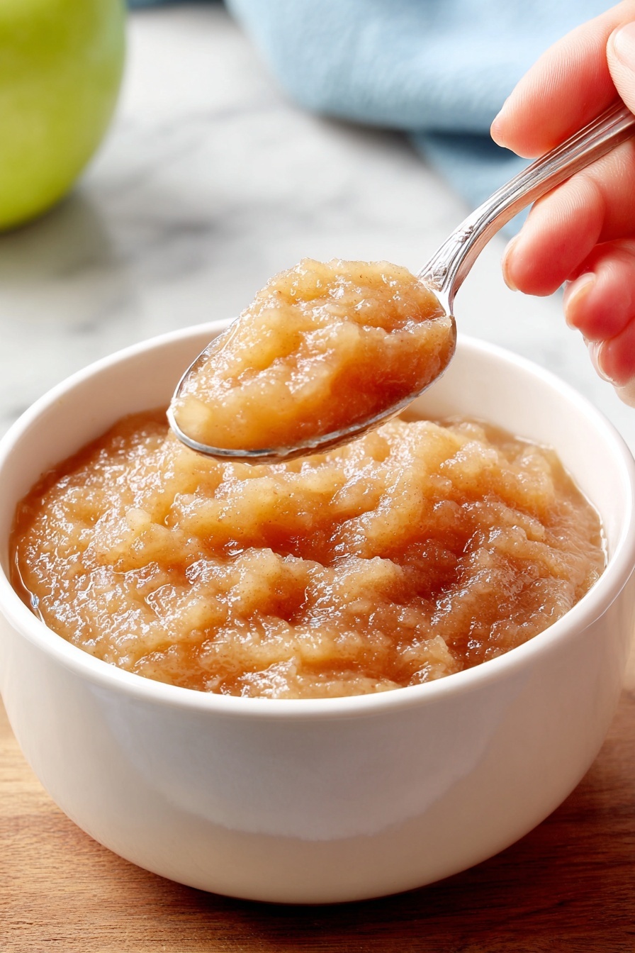 Instant Pot Applesauce, homemade applesauce recipe, easy applesauce recipe, healthy applesauce, quick apple sauce - A white bowl filled with a thick, chunky, light brown apple sauce with a slightly shiny, wet texture that shows small soft apple pieces. A silver spoon lifts a spoonful of the apple sauce out of the bowl, held by a woman's hand in the top right corner. The bowl is placed on a blue and white striped cloth on a white marbled surface, with a green apple blurred in the background on the left side. Photo taken with an iphone --ar 2:3 --v 7