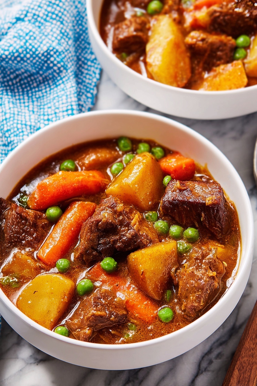 Instant Pot Beef Stew, beef stew recipe, easy beef stew, hearty beef stew, quick Instant Pot meals - A close-up view of a silver ladle holding a stew with three main layers: a bright orange carrot piece in the center, a chunky light yellow potato piece on the left side, and two dark brown beef pieces with a textured surface around the edges. Bright green peas are scattered throughout and on top, floating in a thick reddish-brown broth. The ladle is held over a pot filled with more of the same stew against a white marbled background. Photo taken with an iphone --ar 2:3 --v 7