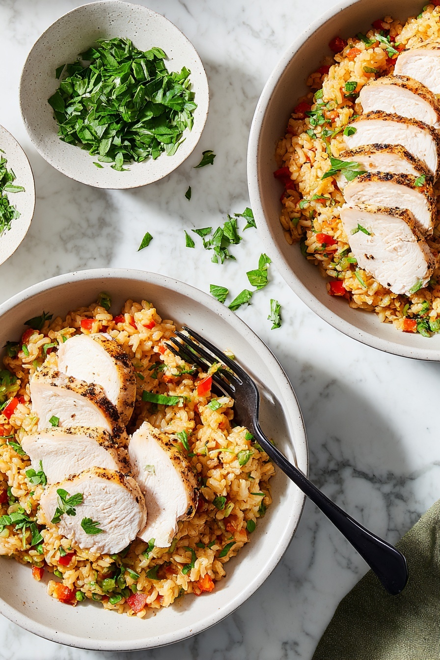 Instant Pot Chicken & Rice, easy chicken and rice, one-pot chicken dinner, quick Instant Pot recipes, flavorful chicken rice dish - A round silver pot holds two large pieces of light brown cooked chicken placed in the middle, surrounded by a layer of cooked rice mixed with small bright red, orange, and green vegetable pieces. A silver spoon lifts a scoop of the rice and vegetable mix from the right side, showing the texture clearly. The pot is on a white marbled surface. Photo taken with an iphone --ar 2:3 --v 7