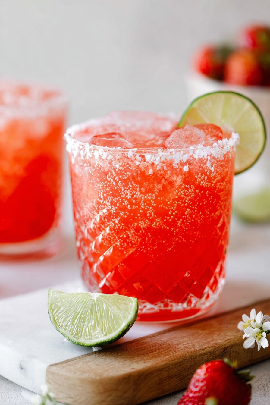 Strawberry Lime Mocktail Margarita, non-alcoholic strawberry lime drink, refreshing fruit mocktail, summer mocktail recipes, easy Margarita mocktail - A clear glass with a textured pattern holds a bright red drink filled with ice cubes that create a bubbly, fizzy look. The glass rim is coated with a layer of coarse white salt, and a thin slice of lime with light green skin and pale flesh sits perched on the edge. In the foreground, a white marbled surface supports a wooden board with a wedge of lime showing a juicy, juicy texture. In the background, another glass with the same red drink and lime garnish is softly blurred, along with whole and sliced strawberries. A small white flower rests near the base of the glass. photo taken with an iphone --ar 2:3 --v 7