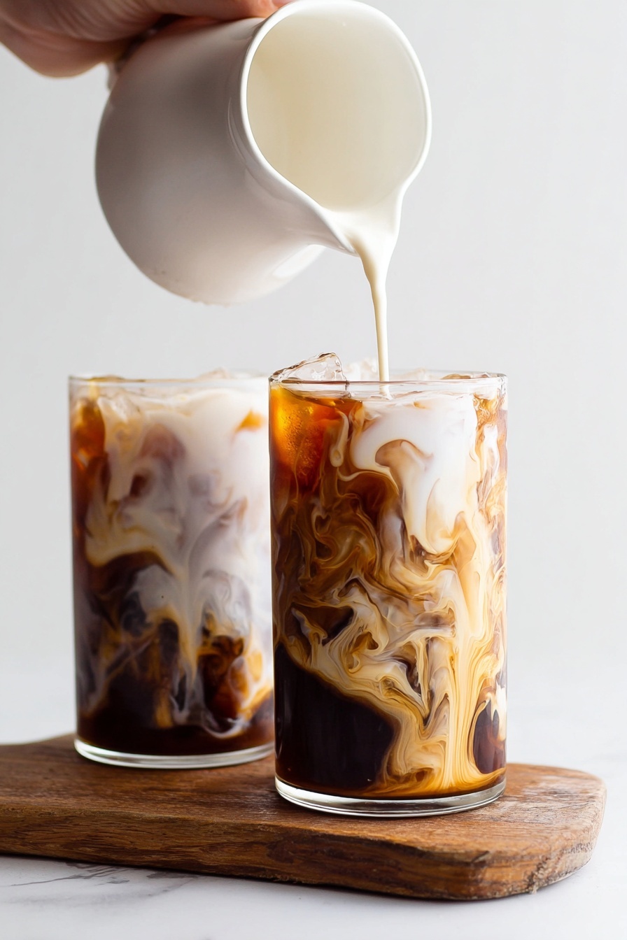 How to Make Cold Brew Coffee, cold brew coffee recipe, easy cold brew coffee, best cold brew coffee method, homemade cold brew coffee - Two clear glass cups are filled with iced coffee and milk, showing three distinct layers in each: a white creamy milk layer at the bottom, a middle dark brown coffee layer, and a top white foamy layer with swirls mixing through the coffee. The outside of the glasses has milk dripping down, creating a textured pattern. The cups sit on a wooden board placed on a white marbled surface with a plain white background. Photo taken with an iphone --ar 2:3 --v 7
