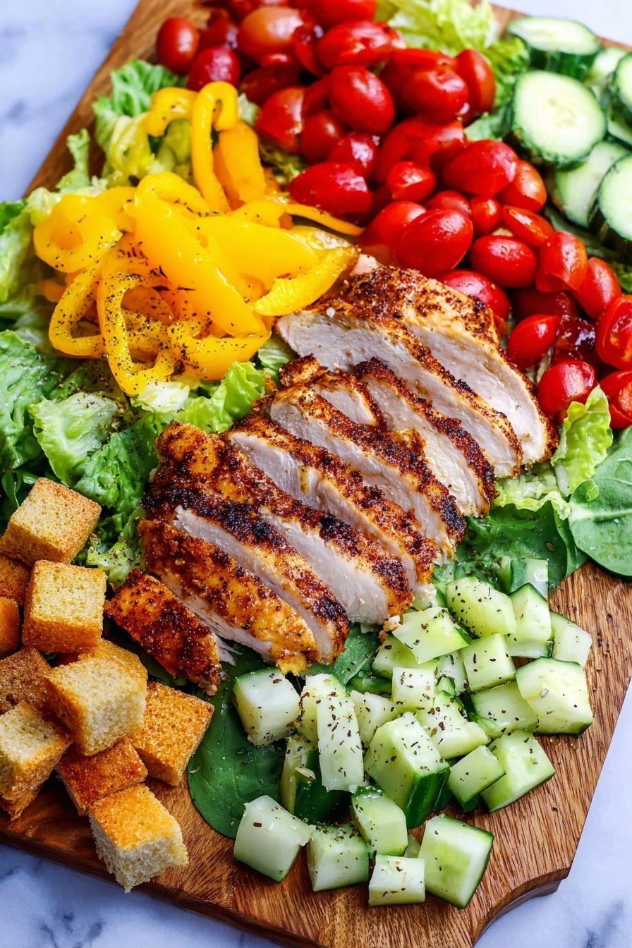 Chicken Chopped Salad with Honey Mustard Vinaigrette, healthy chicken salad, easy chicken salad recipe, quick lunch salad, fresh vegetable salad - A wooden board holds a colorful salad arranged in groups. In the center, there are two rows of sliced grilled chicken with a golden-brown, slightly charred outside and a juicy inside. On the left side, there are green lettuce leaves topped with bright red halved cherry tomatoes. Above the chicken, sliced yellow bell peppers and a few slices of green cucumber are neatly placed. On the lower left and right sides, diced cucumber pieces are sprinkled with a little black pepper. Scattered around the salad are crunchy golden-brown croutons. The whole setup sits on a white marbled surface. photo taken with an iphone --ar 2:3 --v 7