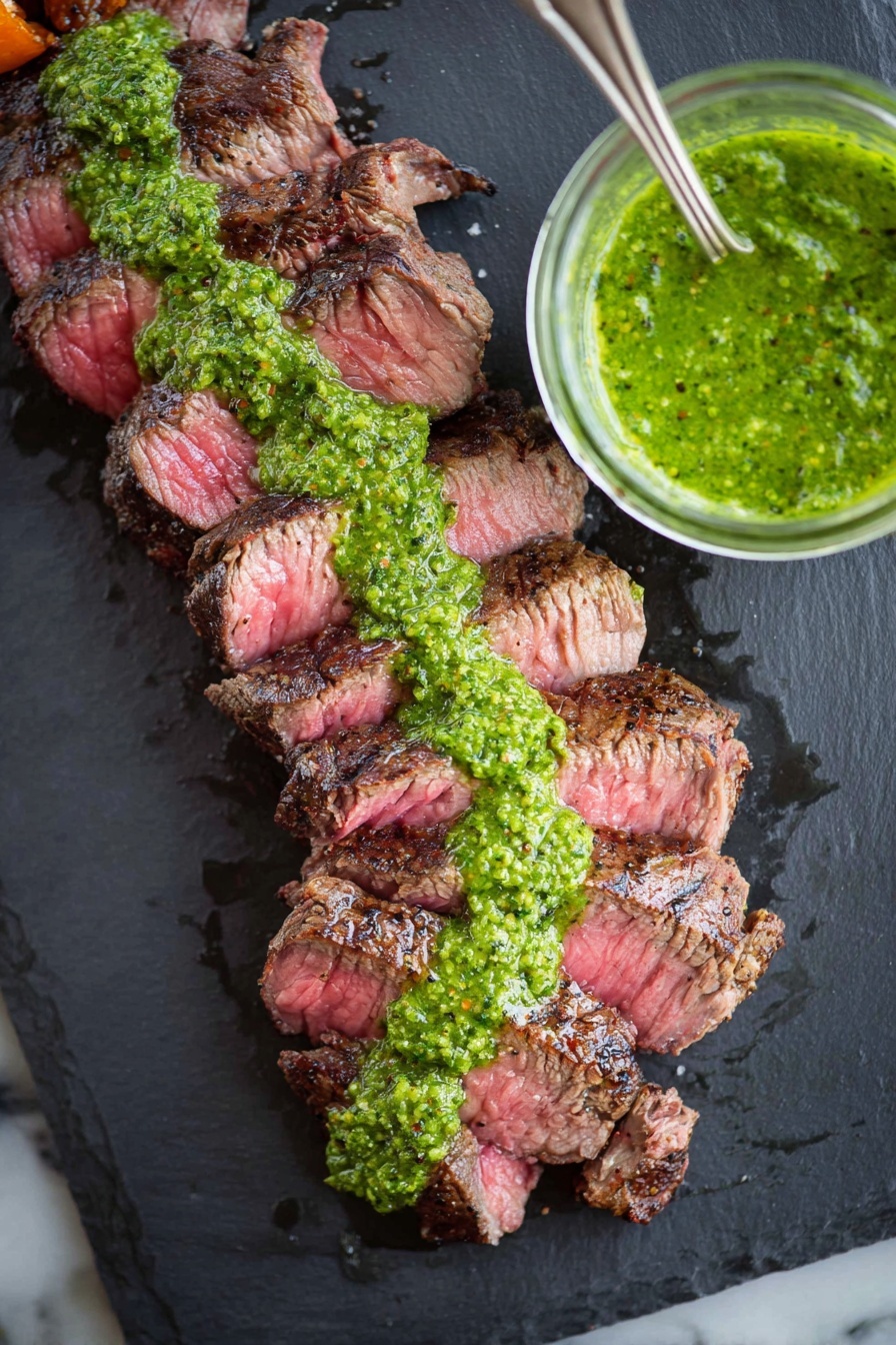 Easy Chimichurri Sauce, Chimichurri Sauce, how to make chimichurri, homemade chimichurri, vibrant herb sauce - Thin slices of pink, grilled steak are arranged in a slightly curved line on a dark slate surface. The edges of the steak slices are seared a dark brown, showing a textured crust with black pepper seasoning. A bright green sauce with a chunky texture is spread evenly in a thick stripe along the middle of the steak slices. To the right side of the steak, there is a small glass jar filled with more of the green sauce, with a metal spoon inside it. The whole setting is on a white marbled surface. photo taken with an iphone --ar 2:3 --v 7