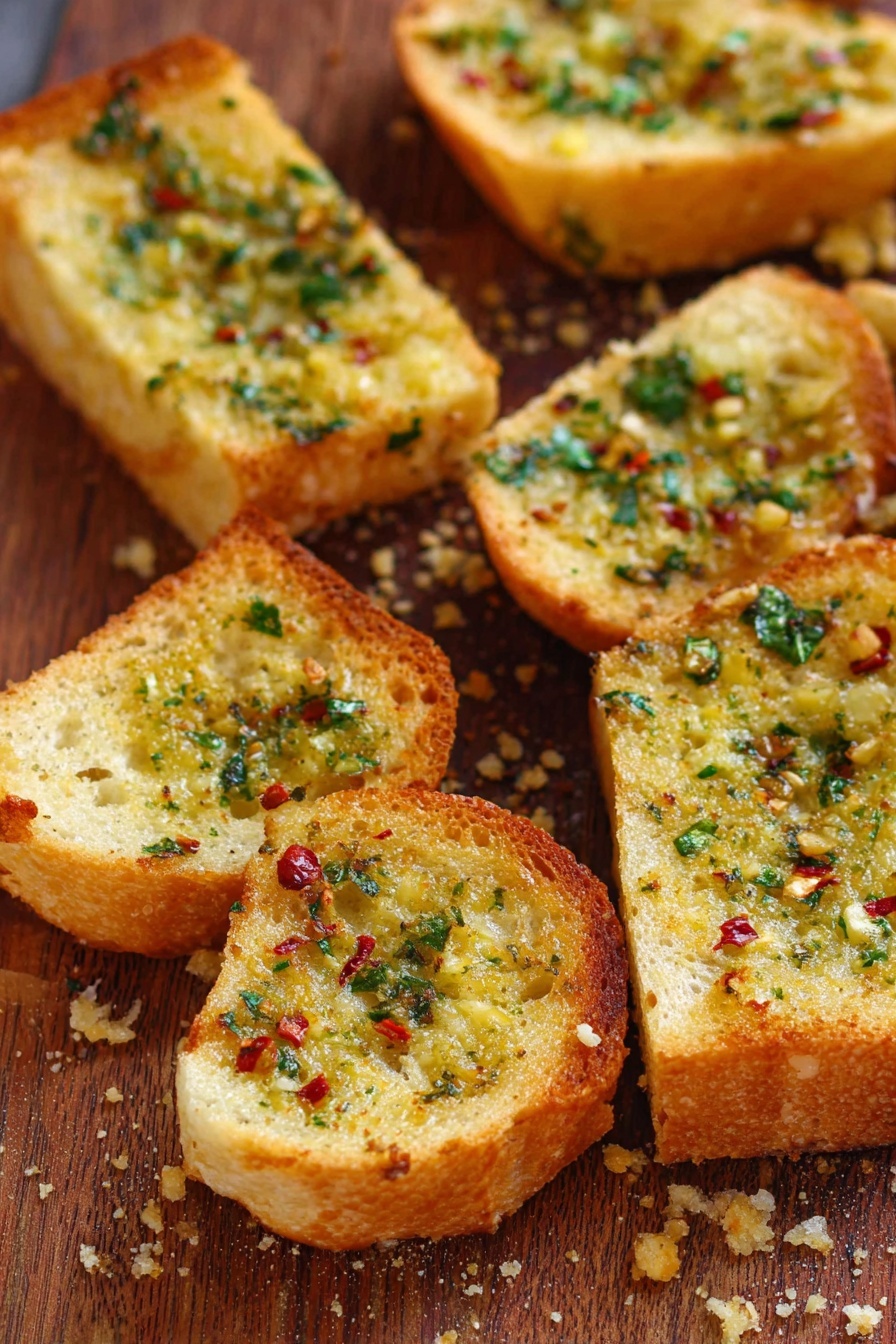 Simple Roasted Garlic Bread Garlic Bread with Roasted Garlic Butter Easy Garlic Bread Homemade Garlic Bread - Several rectangular slices of toasted bread are arranged on a wooden surface, each piece topped with a golden yellow layer of melted butter mixed with finely chopped green herbs and small red chili flakes. The bread edges are lightly browned and crispy, while the inside remains soft and airy. Small crumbs are scattered around the slices, adding texture to the scene. photo taken with an iphone --ar 2:3 --v 7