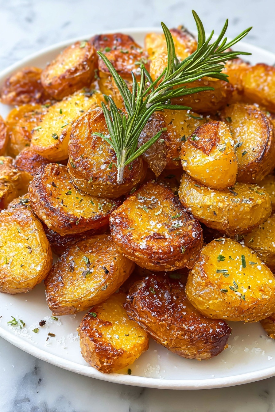 Crispy Roast Potatoes with Rosemary and Garlic, crispy roast potatoes, Whole30 roasted potatoes, rosemary garlic potatoes, healthy roasted potato side dish - A white plate filled with crispy golden brown roasted potato halves, each piece showing a slightly rough and crunchy outer texture sprinkled with coarse salt and green herbs. Two fresh green rosemary sprigs lie on top, adding a touch of green contrast. The potatoes are piled close together, showing different shades of golden yellow and dark brown due to roasting. The plate is placed on a white marbled surface. photo taken with an iphone --ar 2:3 --v 7