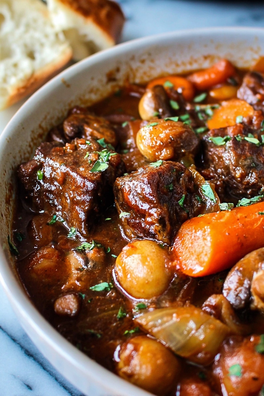 French Beef Bourguignon, Beef Bourguignon recipe, classic French beef stew, hearty French beef dish, slow-cooked beef stew - The image shows a close-up of a thick stew being lifted by a metal spoon from a white pot. The stew has large, rich brown chunks of meat, bright orange carrot slices, whole small golden onions, and whole brown mushrooms, all covered in a glossy dark brown sauce. Small fresh green herb leaves are scattered on top, adding a pop of color. The background is a white marbled texture, and the focus is on the spoonful of stew with the pot slightly blurred behind it. photo taken with an iphone --ar 2:3 --v 7