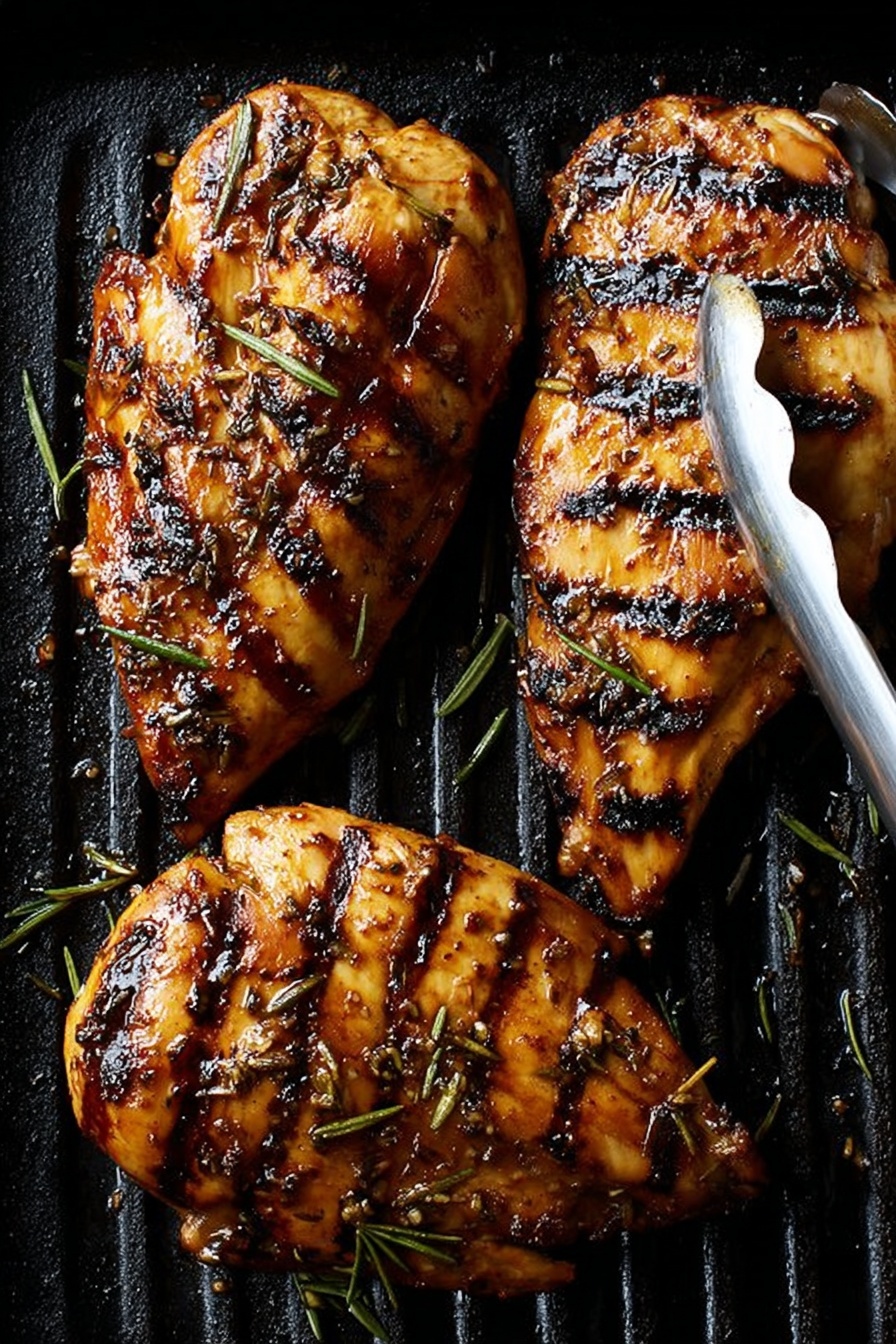 Grilled Balsamic Herb Chicken Breast, balsamic herb chicken marinade, how to grill chicken breasts, juicy grilled chicken recipes, easy healthy chicken dinner - Three grilled chicken pieces sit on a black grill pan with visible char lines. The chicken is golden brown with dark grill marks, sprinkled with dried rosemary and small herbs. The texture looks juicy and slightly caramelized. One chicken piece is held partially by metal tongs on the right side. The background is dark, making the chicken stand out clearly. photo taken with an iphone --ar 2:3 --v 7