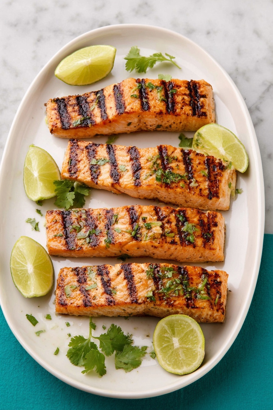 Cilantro Lime Grilled Salmon, grilled salmon recipes, citrus salmon dinner, healthy seafood recipes, easy summer seafood - Four grilled salmon fillets with clear grill marks sit in a row on a white oval plate. Each fillet is a light orange color with some herbs sprinkled on top. Around the fillets, there are three lime wedges, two near the right side and one near the left. Small green cilantro leaves are placed near the lime wedges. The plate rests on a white marbled surface with light reflections. Photo taken with an iphone --ar 2:3 --v 7