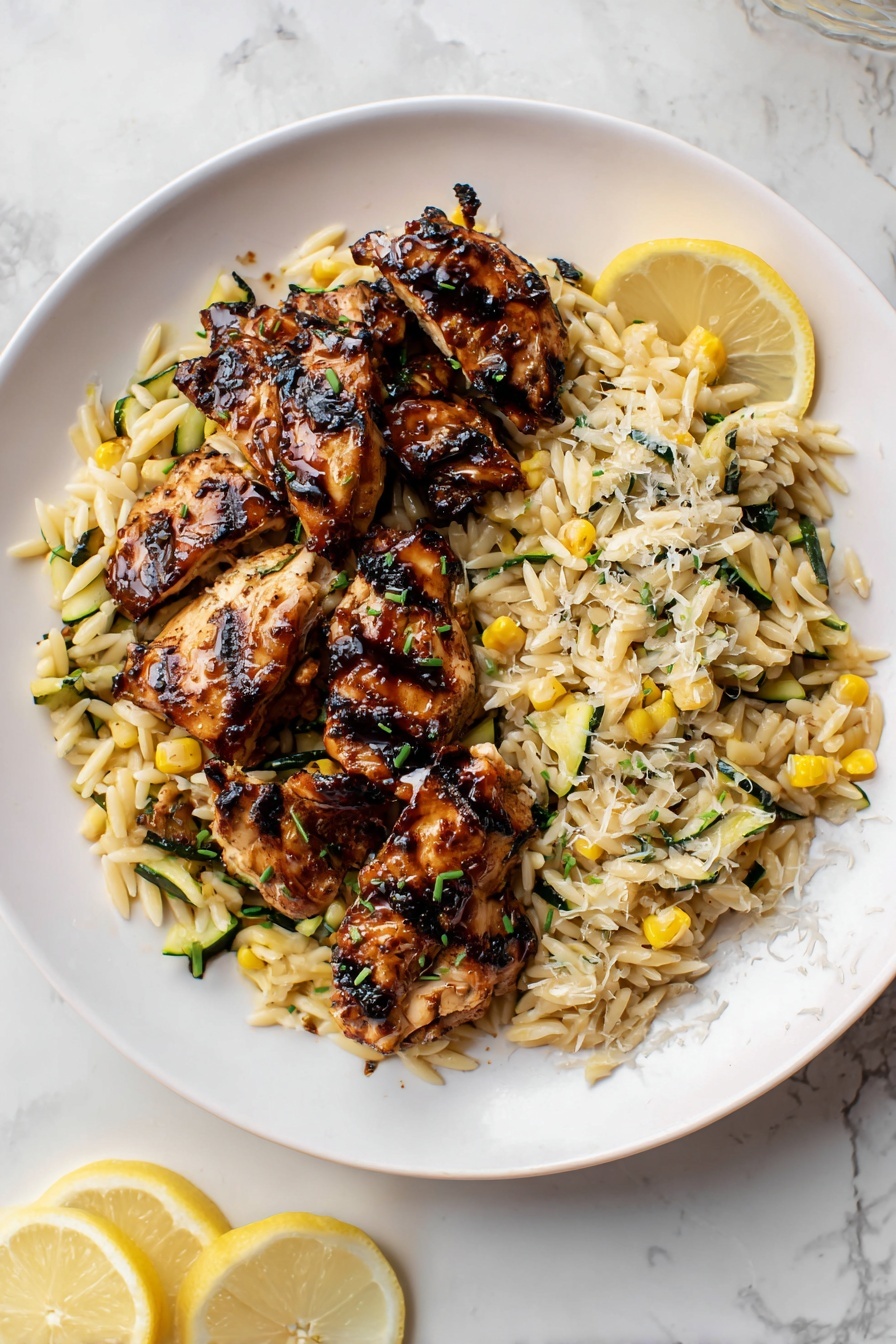 Grilled Honey Butter Chicken, smoky grilled chicken with honey butter, easy chicken dinner recipes, quick summer grilled chicken, flavorful chicken marinade - A white plate sits on a white marbled surface, holding two main layers. The first layer is a mix of orzo pasta with small pieces of yellow corn and green zucchini, showing a rough texture with some grated cheese sprinkled over it. On top of this layer, there is a second layer of grilled chicken pieces with a shiny, dark brown glaze and grill marks, garnished with small green herbs. A wedge of lemon is placed at the edge of the plate, with two additional lemon slices on the surface nearby. Photo taken with an iphone --ar 2:3 --v 7