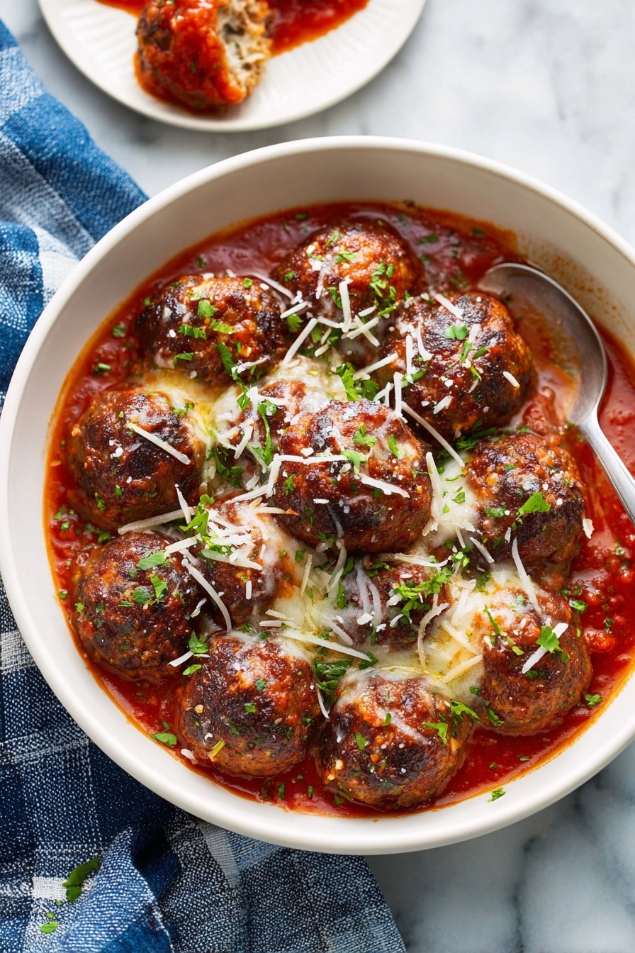 Air Fryer Meatballs with Mozzarella and Marinara, air fryer meatball recipe, cheesy meatballs in air fryer, juicy mozzarella stuffed meatballs, easy air fryer dinner - A white bowl is filled with about twelve browned meatballs, each with some melted white cheese peeking out of the top and sprinkled with shredded cheese and small green herb leaves. The meatballs sit in a thick, chunky red tomato sauce that partially covers each one. A metal spoon rests inside the bowl on the top left side, with some sauce on the spoon. Next to the bowl on a white plate, there are two halved meatballs showing melted cheese inside. The bowl is placed on a wooden surface with a blue and white checkered cloth on the upper right side. photo taken with an iphone --ar 2:3 --v 7