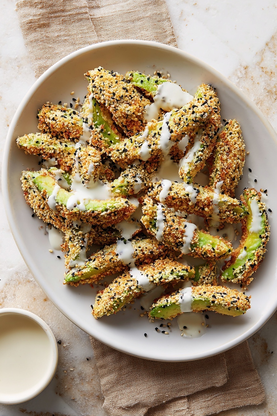 Air Fryer Everything Bagel Avocado Fries, crunchy avocado fries, healthy snack ideas, quick avocado recipes, easy air fryer snacks - The image shows a white oval plate filled with about fifteen crispy avocado wedges coated in a crunchy, golden breadcrumb mixture with black and white sesame seeds. The wedges are scattered unevenly across the plate in two overlapping layers, showing their bright green creamy inside where the skin is removed. A light, white sauce is drizzled gently over the avocado wedges, adding contrast to the golden brown crumbs. The plate is set against a white marbled texture surface, with a small white bowl and a spoon nearby, each holding some of the same white sauce. Photo taken with an iphone --ar 2:3 --v 7