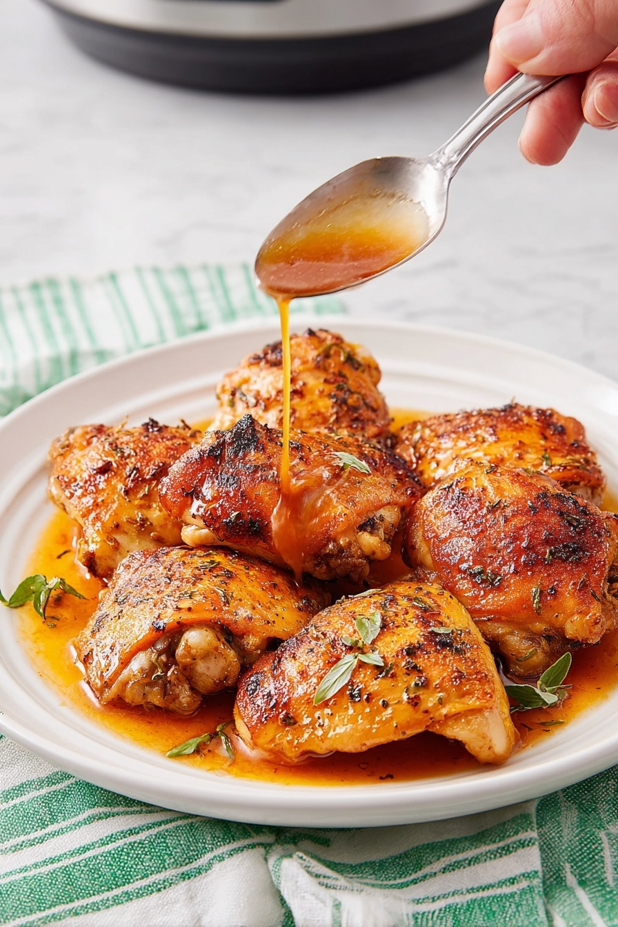 Instant Pot Chicken Thighs with Thyme and Garlic Gravy, easy chicken thigh dinner, crockpot chicken recipes, savory garlic thyme chicken, weeknight chicken dinner - A white plate holds five pieces of cooked chicken thighs with a crispy golden-brown skin speckled with herbs. The chicken sits in a shallow pool of orange-brown sauce that looks rich and slightly oily, reflecting light softly. Small green herb leaves are scattered on the chicken and in the sauce, adding a fresh touch. The background is a white marbled surface that contrasts with the warm colors of the chicken and sauce. photo taken with an iphone --ar 2:3 --v 7