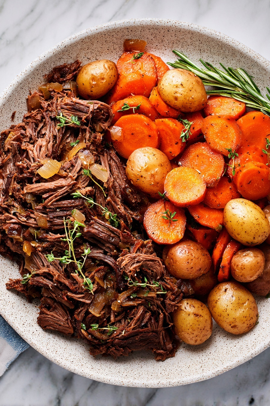 Instant Pot Pot Roast with Potatoes and Carrots, easy beef stew, tender beef roast recipe, one-pot instant pot dinner, hearty slow cooker beef - The image shows a white plate with two main layers of food: on one side, there are cooked carrot slices mixed with small round potatoes and mushrooms, all garnished with fresh green herbs like rosemary and thyme; on the other side, there is a generous portion of shredded brown meat with visible texture and fibers. Above the plate, a silver spoon is pouring a golden brown sauce over the shredded meat, with the sauce dripping down slowly. In the background, there is a soft red cloth on a white marbled surface. photo taken with an iphone --ar 2:3 --v 7