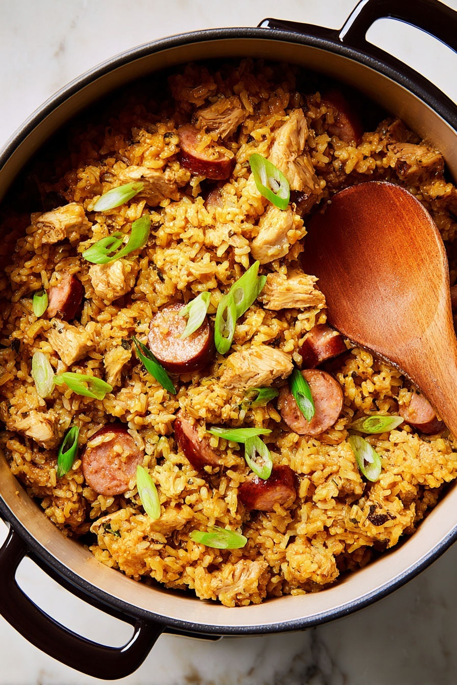 Instant Pot Jambalaya, Cajun Chicken and Sausage Stew, Easy One-Pot Cajun Meal, Speedy Jambalaya Dinner, Instant Pot Cajun Recipes - A large cooking pot is filled with a one-layer dish made of yellowish-orange cooked rice mixed with chunks of brown sausage and pieces of light brown shredded meat. Green slices of fresh scallions are scattered on top as garnish, adding bright color contrast. The texture shows fluffy rice grains combined with moist meat and sausage. A wooden spoon is placed inside the pot, resting on the rice. The background is a white marbled surface. Photo taken with an iphone --ar 2:3 --v 7