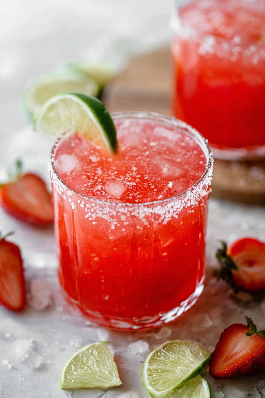 Strawberry Lime Mocktail Margarita, non-alcoholic strawberry lime drink, refreshing fruit mocktail, summer mocktail recipes, easy Margarita mocktail - A clear glass filled with a bright red drink with small bubbles and ice cubes floating inside; the glass rim is coated with coarse salt and a green lime wedge sits on the edge. Around the glass, there are red strawberry halves and green lime wedges on a white marbled surface, with a wooden board partially visible underneath. A second similar glass is blurred in the background. Photo taken with an iphone --ar 2:3 --v 7
