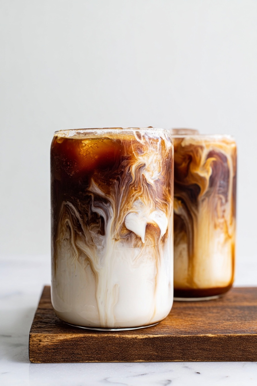 How to Make Cold Brew Coffee, cold brew coffee recipe, easy cold brew coffee, best cold brew coffee method, homemade cold brew coffee - Two clear tall glasses filled with iced dark coffee sit side by side on a wooden board on a white marbled surface. Each glass has a layer of swirling white cream mixing with the rich brown coffee, creating a marbled, cloudy effect inside the liquid. Above the glass on the right, a white pitcher held by a woman's hand pours more cream into the coffee, forming soft white streams blending into the dark layers. The overall scene is bright with a clean white background, showing the contrasting colors and smooth, flowing textures of the coffee and cream. photo taken with an iphone --ar 2:3 --v 7