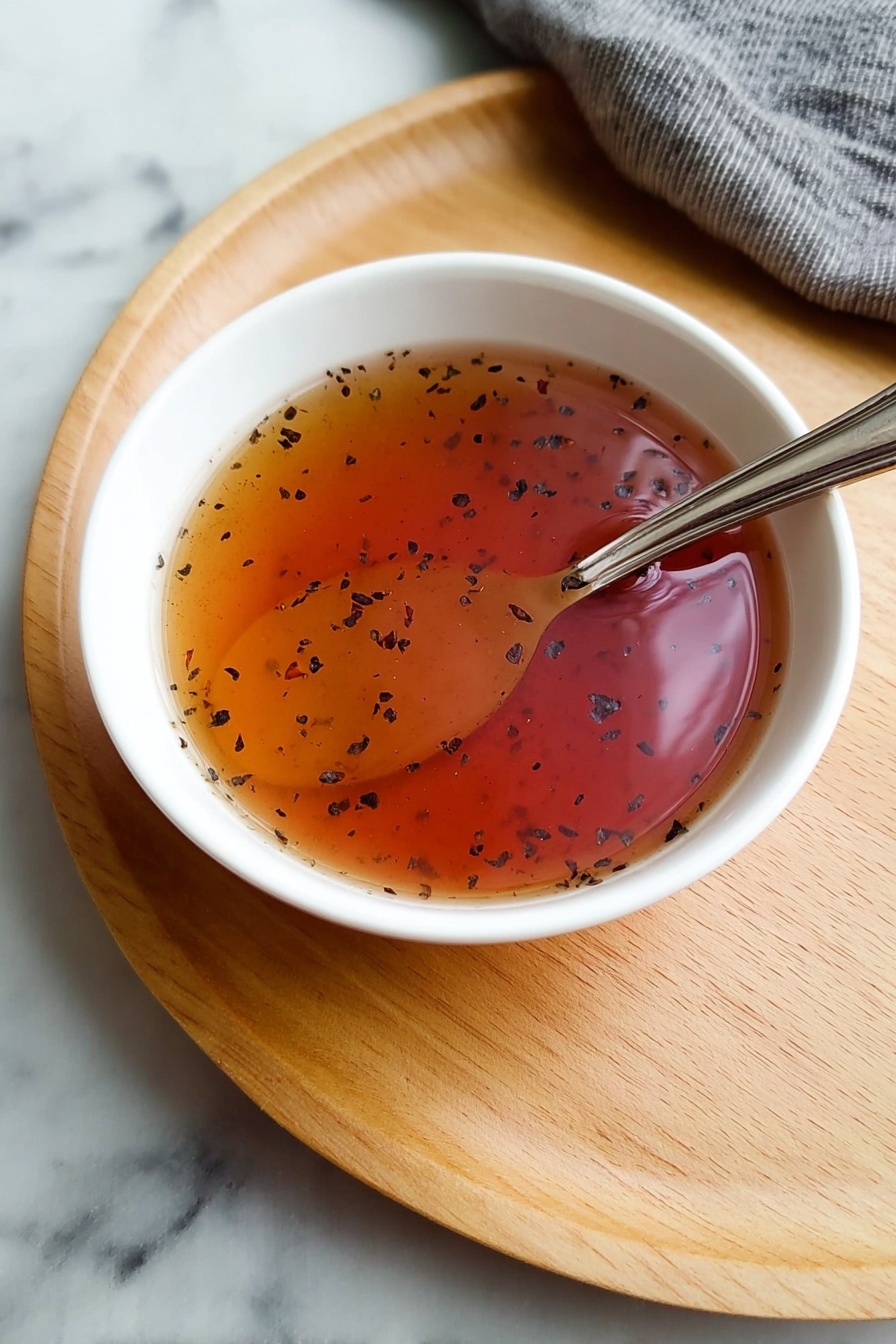 Subway Sweet Onion Sauce, homemade sweet onion sauce, easy onion sauce recipe, flavorful sandwich sauce, sweet glaze for burgers and salads - A white bowl filled with a translucent reddish-orange liquid that has small black and dark flecks spread throughout, giving the impression of a sauce or broth. A silver spoon rests inside the bowl, with its handle extending out over the edge. The bowl is placed on a light wooden tray with soft rounded edges, all set on a white marbled surface. A textured gray cloth partially covers the top right corner of the tray. Photo taken with an iphone --ar 2:3 --v 7