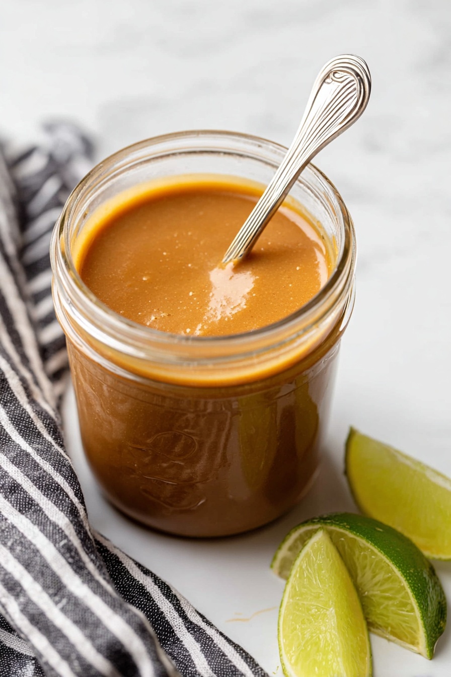 Easy Peanut Sauce, peanut sauce recipe, quick peanut sauce, versatile peanut dipping sauce, easy stir-fry sauce - A clear glass jar filled with smooth, thick, brown sauce with a shiny surface and a spoon sticking halfway inside it, the spoon's handle silver with a swirl design. The jar sits on a white marbled surface with a black and white striped cloth partially visible on the left side. To the right of the jar, there are three lime wedges arranged on the white marbled surface. Photo taken with an iphone --ar 2:3 --v 7