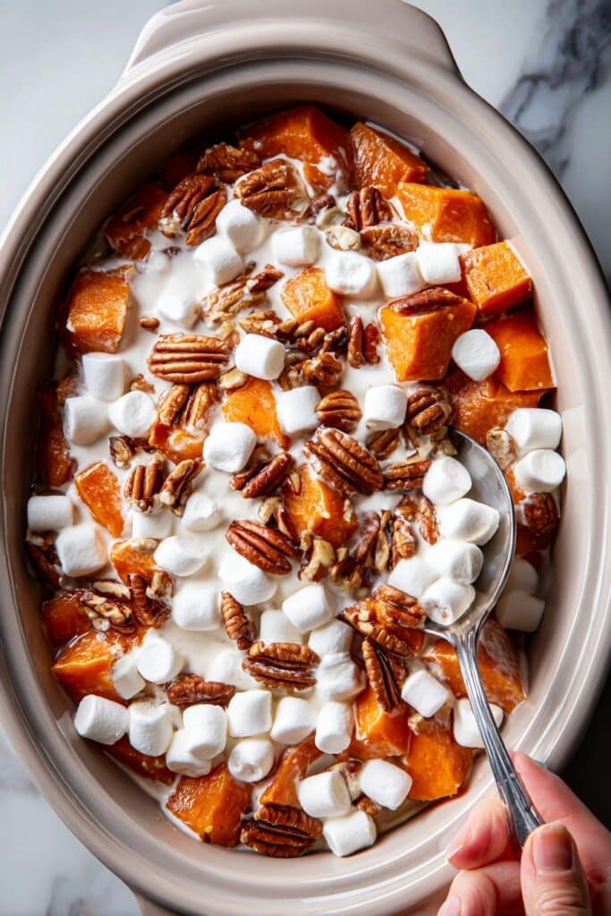 Crockpot Sweet Potato Casserole with Marshmallows and Pecans Recipe