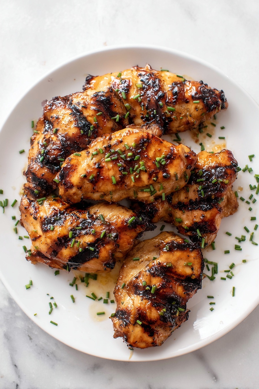 Grilled Honey Butter Chicken, smoky grilled chicken with honey butter, easy chicken dinner recipes, quick summer grilled chicken, flavorful chicken marinade - A white plate holds six pieces of grilled chicken with a shiny, golden-brown glaze and some black grill marks. The chicken pieces are arranged close together, some resting on top of others. Bright green chopped chives are sprinkled over the chicken and plate, adding a fresh contrast. The background is a white marbled surface, creating a clean and simple look. photo taken with an iphone --ar 2:3 --v 7