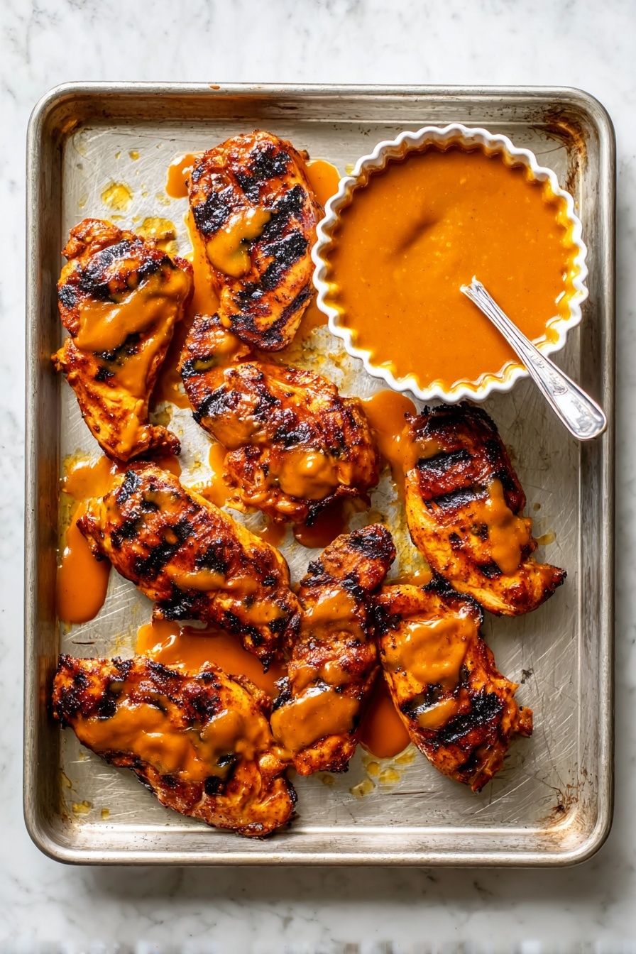 Grilled Buffalo Chicken Sandwiches, Buffalo Chicken Sandwiches, Gorgonzola Slaw, Spicy Chicken Sandwich, Easy Buffalo Chicken Recipe - The image shows an open sandwich with three clear layers placed on a white marbled surface. The bottom layer is a toasted bun with a light golden brown color and a slightly crispy texture. On top of this is a thick layer of grilled chicken with a shiny, reddish-orange glaze and charred marks. The top layer is a mix of fresh green lettuce, light yellow celery leaves, and small bits of blue cheese crumbled over it. The sandwich is surrounded by small pieces of blue cheese and blurred objects in the background, with a muted gray wall behind. Photo taken with an iphone --ar 2:3 --v 7