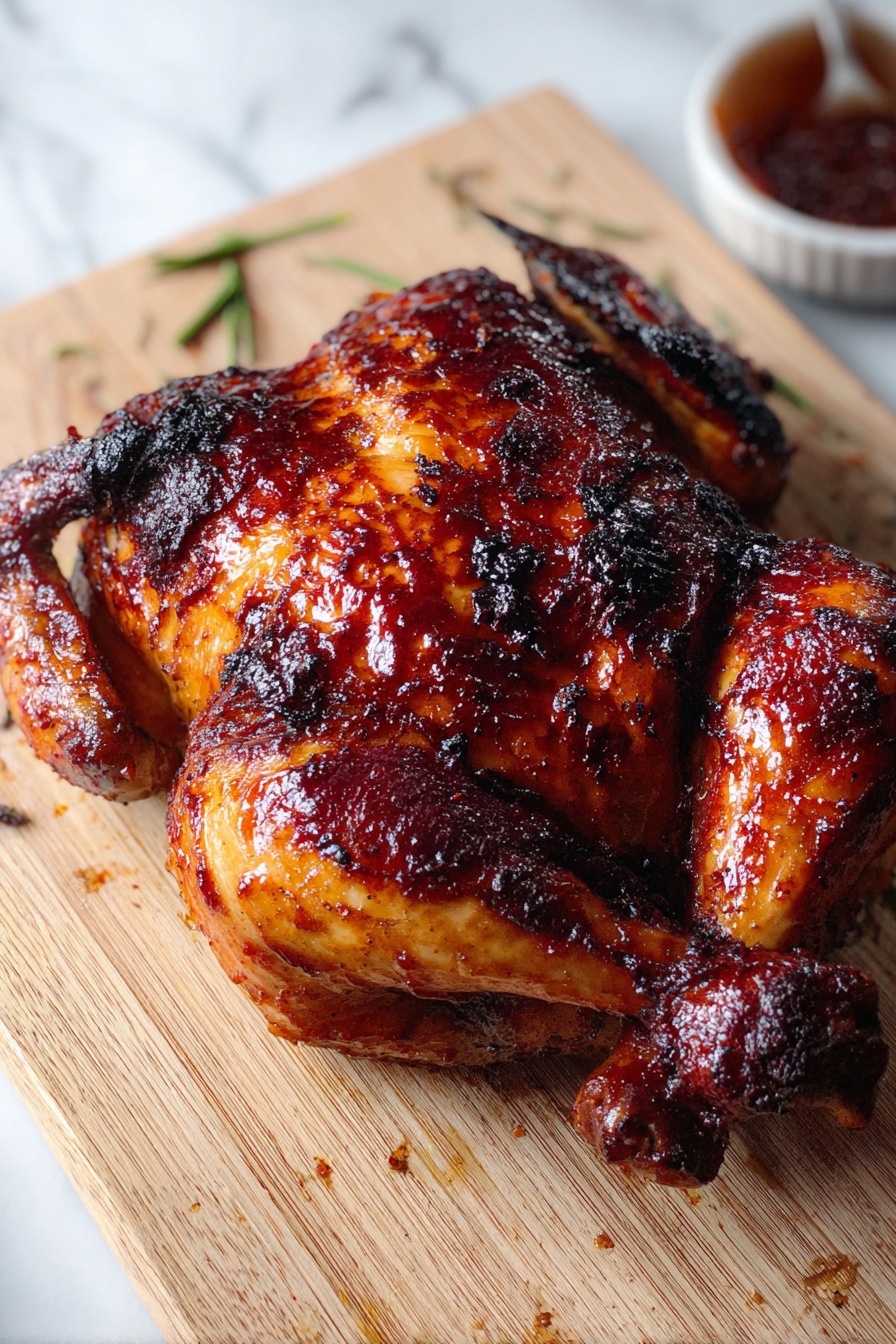 Grilled Cola BBQ Chicken, Cola BBQ Chicken, Easy BBQ Chicken, Juicy Grilled Chicken, Sweet and Tangy BBQ Chicken - A whole cooked chicken lies flat on a metal baking tray, its skin richly browned and glossy with a dark, sticky sauce, showing areas of slight charring on the wings and body edges. The color of the chicken varies from deep red-brown to darker charred spots, highlighting the crispy texture. To the top right corner of the tray sits a clear glass bowl filled with more dark red sauce, and part of a metal spatula is visible beside it. The background is a white marbled surface photo taken with an iphone --ar 2:3 --v 7