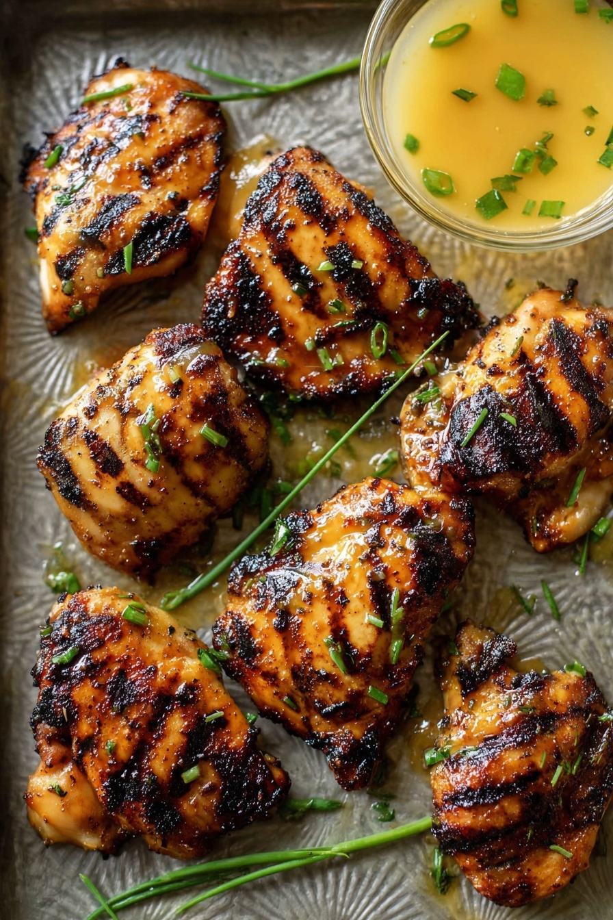 Grilled Honey Mustard Chicken and Broccoli, honey mustard chicken, healthy grilled chicken recipes, easy weeknight dinner ideas, flavorful grilled broccoli - There are six grilled chicken pieces with shiny, golden-brown skin and black char lines on top, scattered on a textured silver tray. The chicken pieces are wet with a sauce that gives them a glossy look. Small green chopped herbs are sprinkled evenly over the chicken, and two longer green herbs lay under the chicken diagonally. On the upper right corner, a small clear glass bowl holds a light yellow sauce with small green pieces floating inside. The photo is taken with an iphone --ar 2:3 --v 7