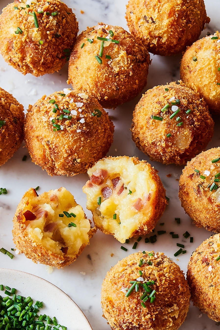 Fried Mashed Potato Balls with Bacon and Cheddar, mashed potato balls with bacon and cheddar, crispy bacon and cheddar potato bites, cheesy bacon mashed potato snacks, party appetizer with bacon and cheese - The image shows round, crunchy golden-brown balls with a rough texture arranged on a white marbled surface. One ball is broken open, showing soft layers inside with small pieces of crispy bacon and melted yellow cheese mixed with creamy mashed potatoes, with bits of green herbs. There is a white plate partly visible in the corner filled with chopped green chives. The golden balls have a sprinkle of sea salt flakes and small green herb pieces on top, giving a fresh touch. photo taken with an iphone --ar 2:3 --v 7