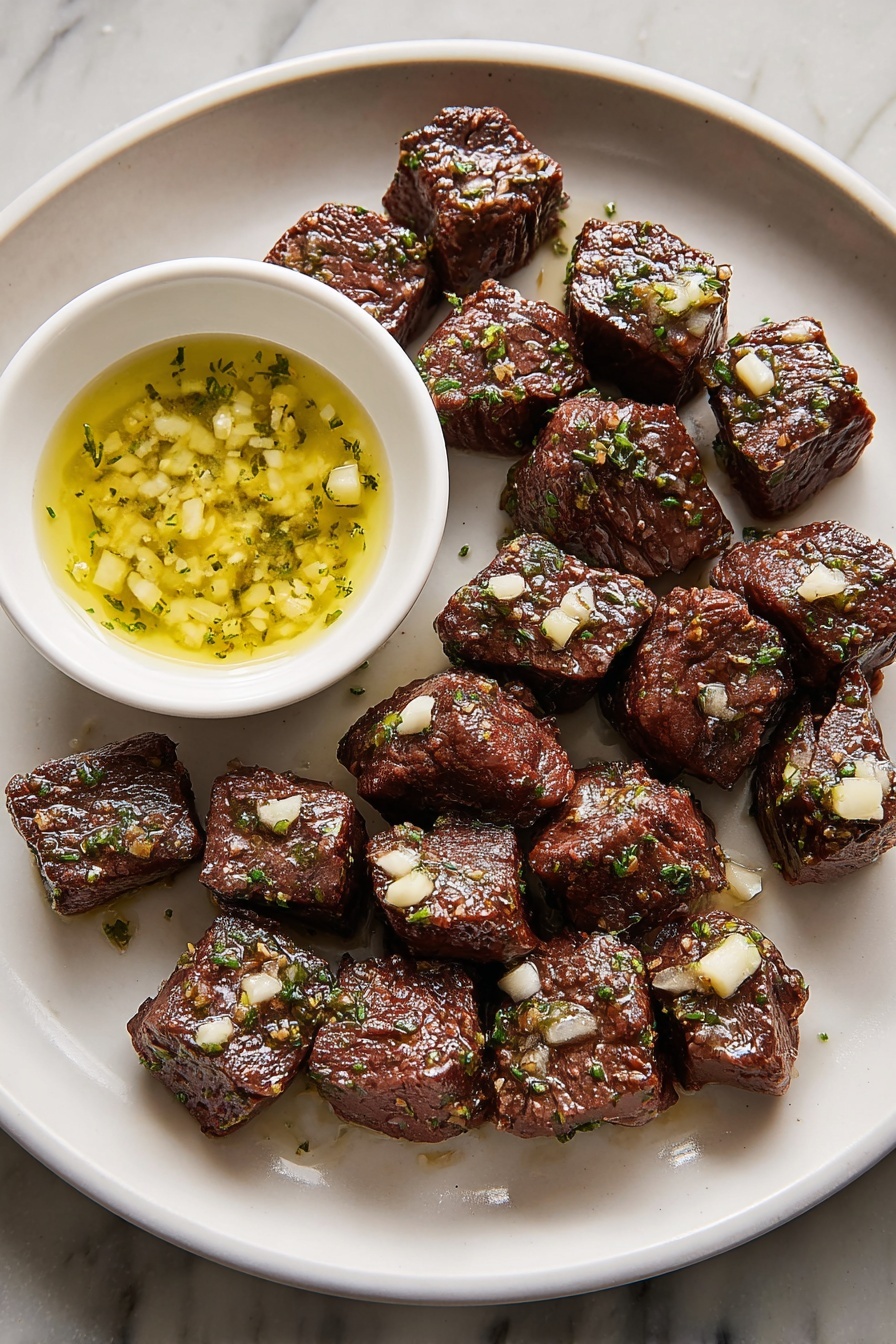 Air Fryer Steak Bites with Garlic Butter, Air Fryer Steak Bites, Easy Steak Bites, Garlic Butter Steak, Quick Steak Dinner - Inside a black air fryer basket, there are many small pieces of cooked meat that look brown and slightly crispy with some black specks of seasoning on them. A woman's hand is holding metal tongs, picking up one piece of meat from the center. The air fryer is placed on a white marbled surface. The meat pieces vary in size and shape but are mostly square or rectangular. The lighting shows a slight shine on the meat, making it look juicy and fresh. photo taken with an iphone --ar 2:3 --v 7