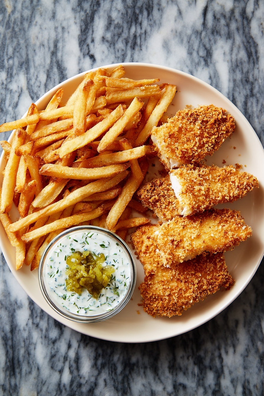 Crispy Air Fryer Cod with Old Bay Bread crumbs, air fryer fish recipes, easy fish dinner ideas, healthy seafood recipes, crunchy cod fillet recipe - A round white plate holds a serving of golden brown fries piled on the left side, with four pieces of crispy, light golden breaded fish fillets arranged in a row to the right side. In the lower left corner of the plate, there is a small clear glass bowl filled with white tartar sauce topped with chopped pickles. The plate is set on a white marbled surface with a warm and natural light, showing all textures clearly. photo taken with an iphone --ar 2:3 --v 7