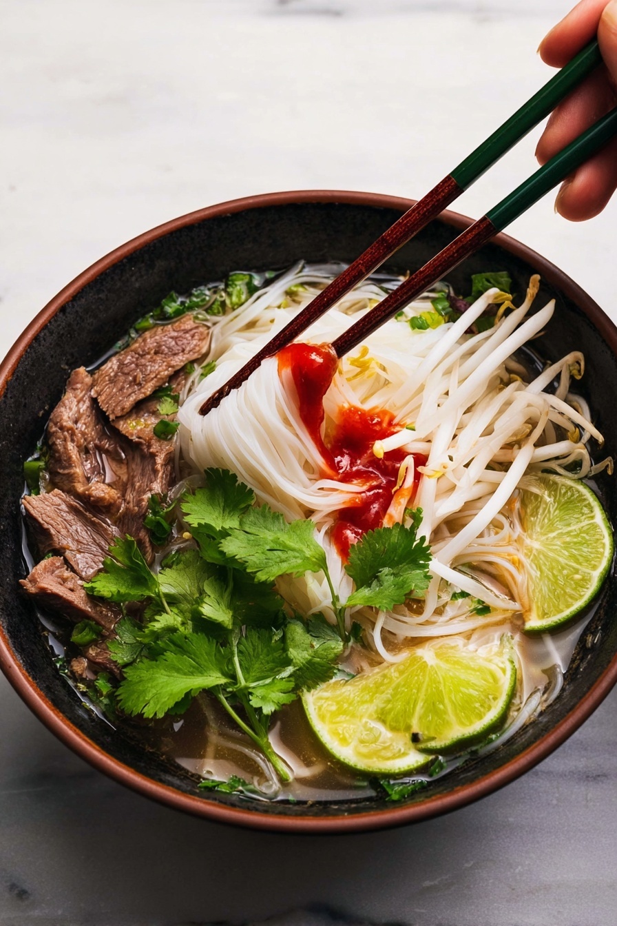 Instant Pot Pho, Vietnamese Pho recipe, quick homemade Pho, easy Instant Pot Pho, authentic Pho broth - A black bowl filled with a clear broth containing thin, white rice noodles arranged at the bottom and partially lifted by dark green chopsticks from a woman's hand at the top left. The bowl holds several slices of brown cooked meat scattered among the noodles. On top, there are white bean sprouts piled toward the upper right side, bright green cilantro leaves near the bottom center, and two green lime wedges placed on opposite sides of the bowl. A red sauce is drizzled over the noodles and meat, with small pieces of green onion sprinkled throughout. The bowl sits on a white marbled surface. photo taken with an iphone --ar 2:3 --v 7