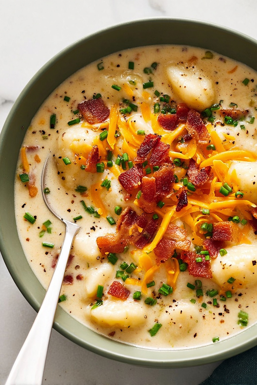 Instant Pot Potato Soup, easy potato soup recipe, creamy potato soup, hearty soup recipes, quick pressure cooker potato soup - A close-up view of a creamy soup in a round stainless steel pot, with a smooth pale beige base layer thick with small chunks of potato. On top, bright orange shredded cheddar cheese is scattered across, laying unevenly. Pieces of crispy brown bacon are spread over the surface, some overlapping the cheese. Small vibrant green chopped chives are sprinkled on top, adding color contrast. The creamy base shows hints of black pepper sprinkled randomly. The pot sits on a white marbled surface, photo taken with an iphone --ar 2:3 --v 7
