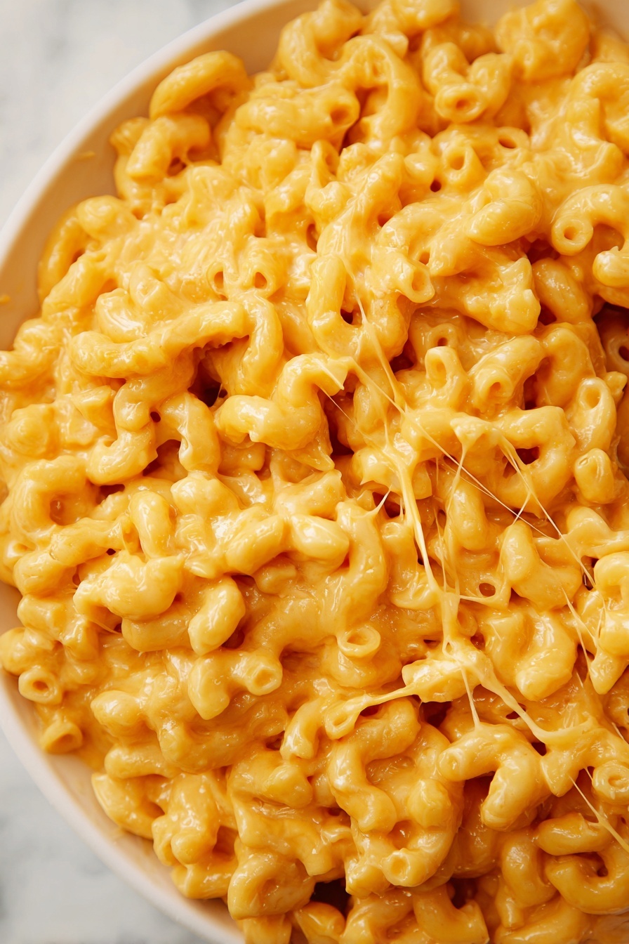 Instant Pot Mac and Cheese, easy Instant Pot cheesy pasta, quick pressure cooker mac and cheese, creamy Instant Pot macaroni, one-pot Instant Pot pasta - A close-up view of creamy macaroni and cheese with elbow pasta covered in a thick, smooth, yellow-orange cheese sauce held in a wooden spoon above a silver pot filled with the same pasta and sauce. The cheese looks rich and stretchy with some strings of cheese visible, and the pasta is soft and coated evenly. The pot has a shiny metallic interior, and the focus is on the spoonful of creamy macaroni against a blurry background of more pasta inside the pot on a white marbled surface. photo taken with an iphone --ar 2:3 --v 7