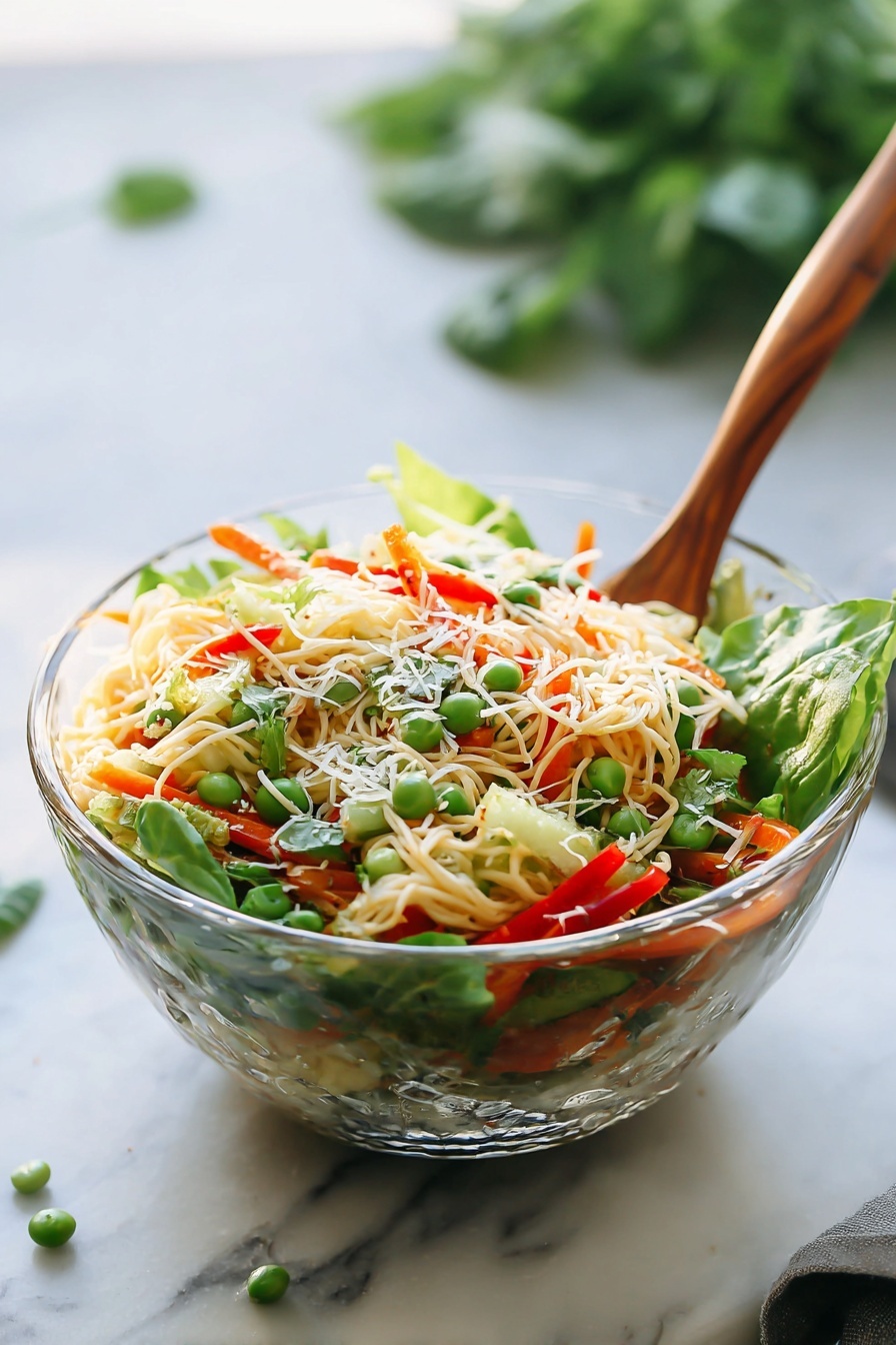 Spring Roll Salad with Spicy Ginger Dressing, Vietnamese spring roll salad, healthy spring salad recipes, easy summer salads, crunchy veggie salad - A clear glass bowl holds a colorful layered salad starting with a base of light-colored thin noodles mixed with shredded orange carrots and green leafy lettuce around the edges. On top, there are sliced green cucumbers, bright red pepper strips, and scattered green peas. The salad is sprinkled with finely grated white cheese and chopped herbs for garnish. A wooden spoon is placed inside the bowl. The bowl rests on a black board on a white marbled surface with some greenery blurred in the background. Photo taken with an iphone --ar 2:3 --v 7