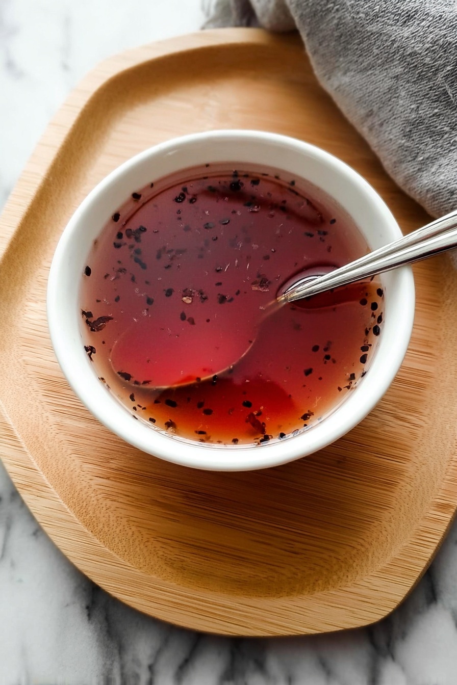 Subway Sweet Onion Sauce, homemade sweet onion sauce, easy onion sauce recipe, flavorful sandwich sauce, sweet glaze for burgers and salads - A white bowl sits in the center of a light wooden tray with rounded edges, filled with a clear reddish soup that has small black pieces floating throughout. A shiny metal spoon rests inside the bowl, partly submerged in the soup, its handle extending out towards the edge. The background is a white marbled surface, and a soft grey fabric is visible at the top right corner. photo taken with an iphone --ar 2:3 --v 7