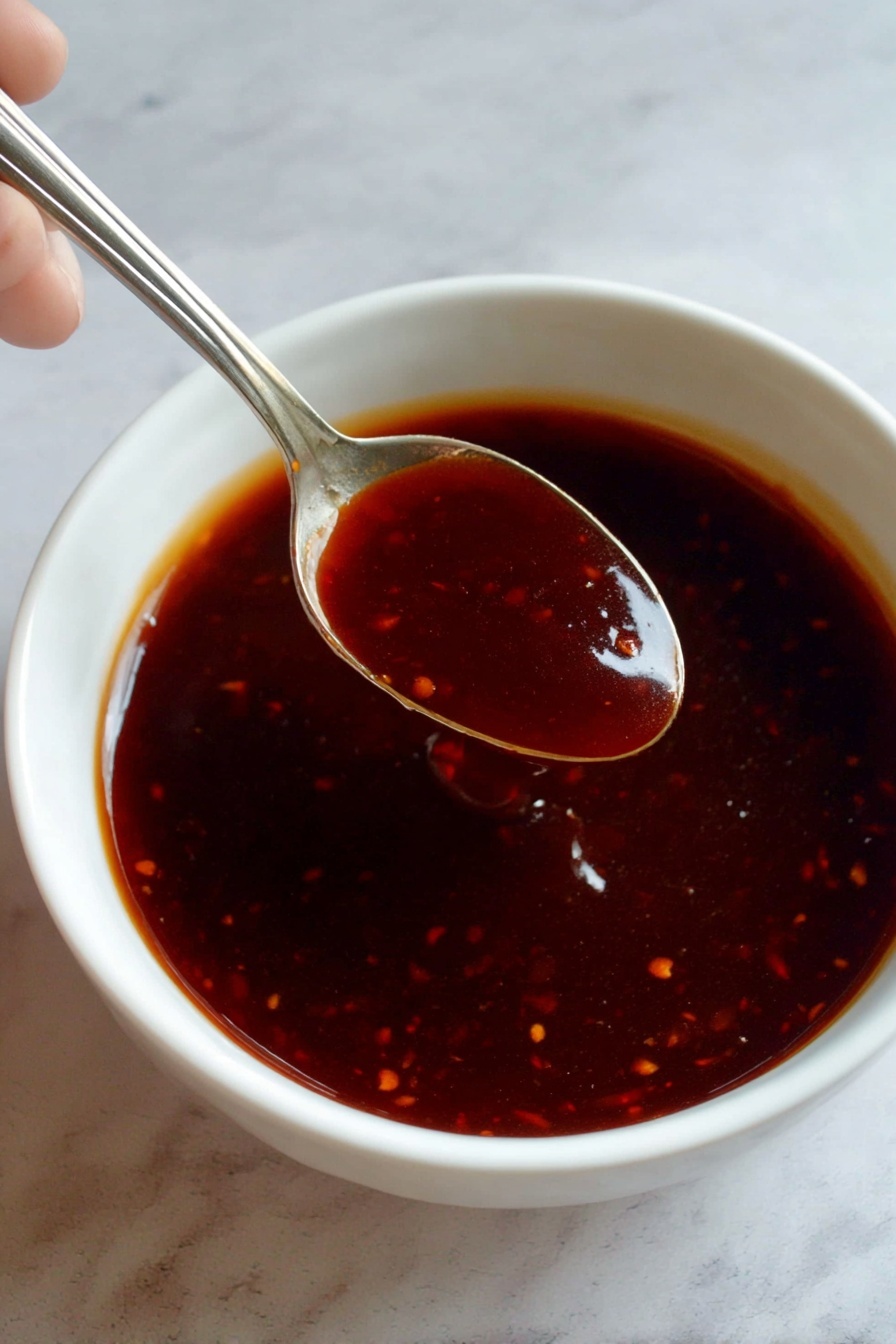 Asian Zing Sauce for Chicken Wings, spicy wing sauce, quick wing sauce recipe, Asian-inspired wing glaze, sweet and spicy chicken wing sauce - The image shows three close-up views of a dark reddish-brown sauce with visible chili flakes. The first part displays the sauce in a clear glass bowl, revealing its thick, jelly-like texture with small pieces of chili floating evenly throughout. The second part zooms in on the sauce's surface, highlighting the glossy liquid with scattered red chili flakes and tiny seeds, giving a speckled appearance. The third part is a close shot of a spoon holding the sauce above a white bowl, focusing on the smooth, shiny surface of the sauce with a few chili flakes spotted inside, showing its rich and dense texture. The background in all parts is a white marbled surface. Photo taken with an iphone --ar 2:3 --v 7