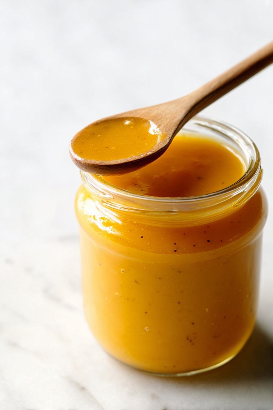 Colombian Pineapple Sauce, tropical fruit sauce, pineapple glaze, homemade pineapple sauce, Colombian cuisine - The image shows a round glass jar filled with a smooth golden-yellow sauce or syrup with tiny dark specks inside, sitting on a white marbled surface. Above the jar, a wooden spoon holds some of the same golden sauce, showing its thick texture. To the right side of the jar, two brown cinnamon sticks lie diagonally on the white marbled background, adding a rustic touch. The jar's surface looks shiny as it reflects light softly. The overall color scheme is warm with yellows and browns on the cool white marble. Photo taken with an iphone --ar 2:3 --v 7