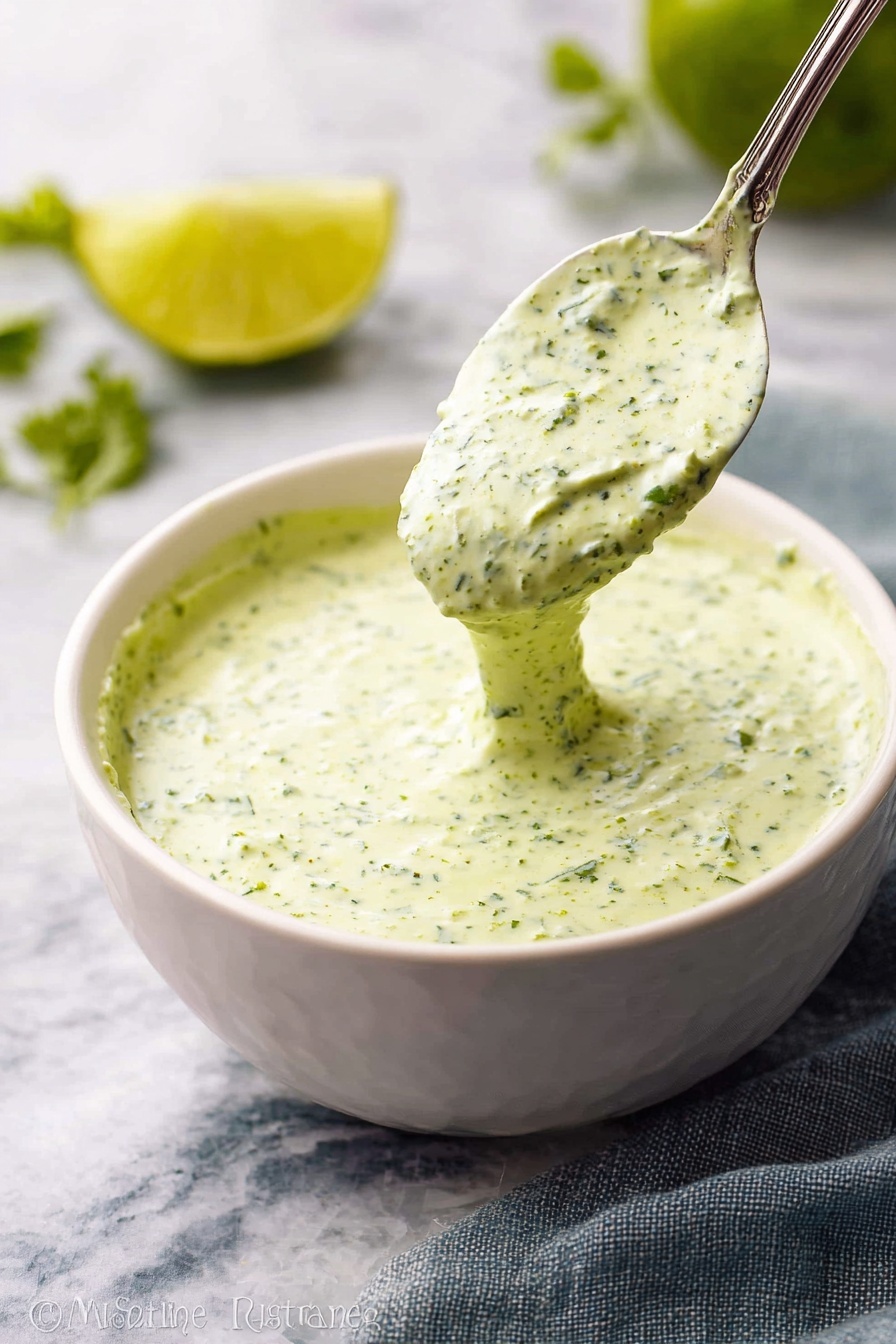 Cilantro Lime Sauce, Cilantro Lime Sauce Recipe, Easy Cilantro Lime Sauce, Fresh Lime and Cilantro Sauce, Quick Salsa Verde - A full bowl of creamy pale green sauce with tiny darker green specks showing texture fills a white bowl. A spoon lifts some sauce above the bowl, showing its thick and smooth texture with small bits throughout. The bowl sits on a white marbled surface, and a gray cloth rests near it. In the blurred background, a bright yellow lemon, cut in half, and some green leaves add color contrast. The overall scene is bright and fresh. photo taken with an iphone --ar 2:3 --v 7