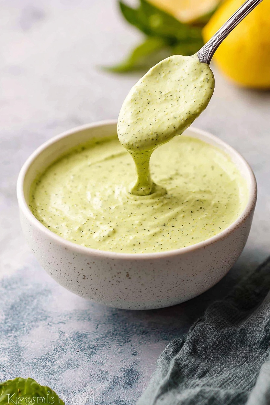 Cilantro Lime Sauce, Cilantro Lime Sauce Recipe, Easy Cilantro Lime Sauce, Fresh Lime and Cilantro Sauce, Quick Salsa Verde - A close-up view of a white bowl filled with a thick, creamy sauce that is light green with small darker green bits throughout. A spoon is lifted above the bowl, holding a generous scoop of the sauce, showing its smooth but slightly textured consistency. The bowl sits on a white marbled surface, with a gray cloth partially visible at the lower left. In the blurred background, there is a halved lime and some scattered green leaves. photo taken with an iphone --ar 2:3 --v 7