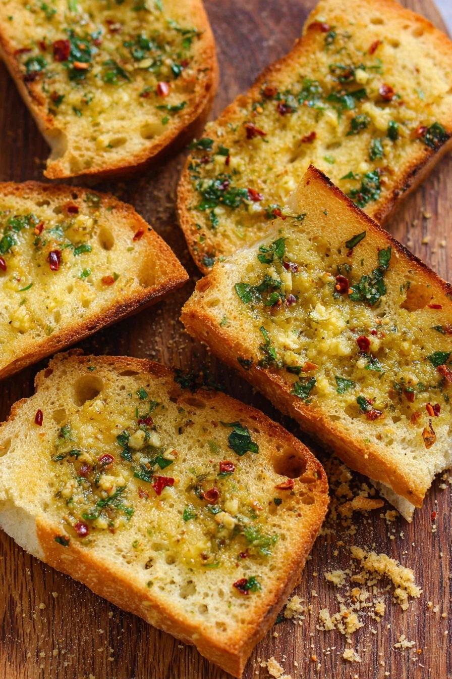 Simple Roasted Garlic Bread Garlic Bread with Roasted Garlic Butter Easy Garlic Bread Homemade Garlic Bread - The image shows several pieces of toasted garlic bread placed on a wooden board. Each piece has one layer of golden-brown toasted bread with a slightly crispy crust. On top, there is a thick layer of melted butter mixed with finely chopped green herbs and small red chili flakes scattered evenly. The texture of the bread looks soft inside but crunchy on the edges, and tiny crumbs are spread around the pieces on the board. The overall color of the bread is a warm mix of yellow from the butter and green and red from the herbs and chili flakes photo taken with an iphone --ar 2:3 --v 7