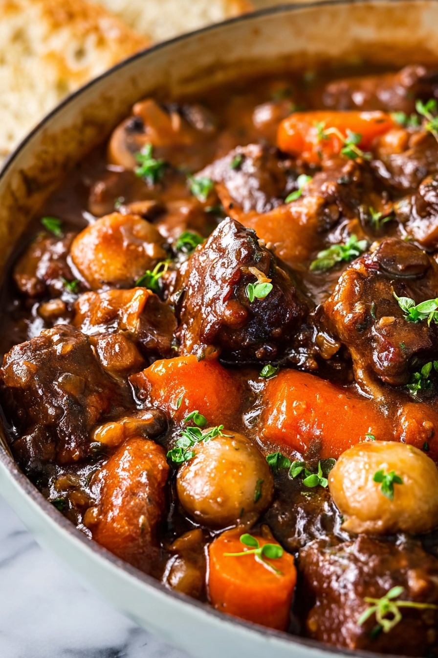 French Beef Bourguignon, Beef Bourguignon recipe, classic French beef stew, hearty French beef dish, slow-cooked beef stew - This image shows a close-up of a rich beef stew on a large spoon, held above the pot. The dish has three main layers: large chunks of dark brown glossy beef cubes with a slightly seared texture, bright orange carrot pieces, and golden brown mushrooms with a tender look, plus small roasted pearl onions. Tiny green herb leaves are scattered on top and around the stew for a fresh look. The background is blurred, showing more stew in a glossy brown sauce with a juicy, hearty appearance. Photo taken with an iphone --ar 2:3 --v 7