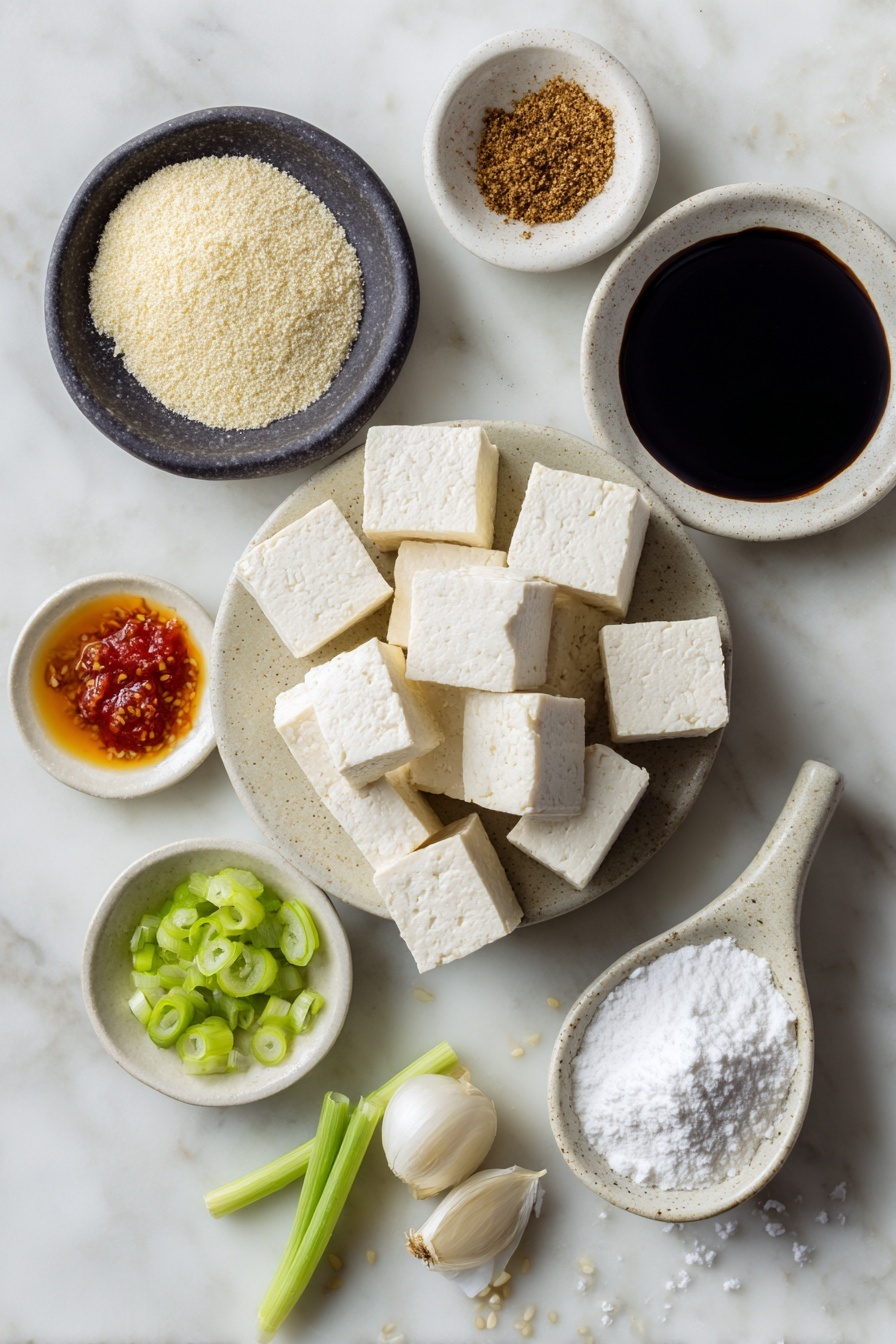 Crispy Air Fryer Tofu with Spicy Chili Mayonnaise, crispy tofu recipes,air fryer tofu ideas, spicy tofu sauce, healthy vegan tofu dishes - Flat lay of firm tofu cubes, small bowls of reduced-sodium soy sauce, toasted sesame oil, garlic powder, smoked paprika, onion powder, a pile of cornstarch, fresh grated garlic cloves, Thai sweet chili sauce, and green sliced scallions, neatly arranged with a sprinkle of white sesame seeds scattered around, placed on a white marble surface, photo taken with an iphone --ar 2:3 --v 7