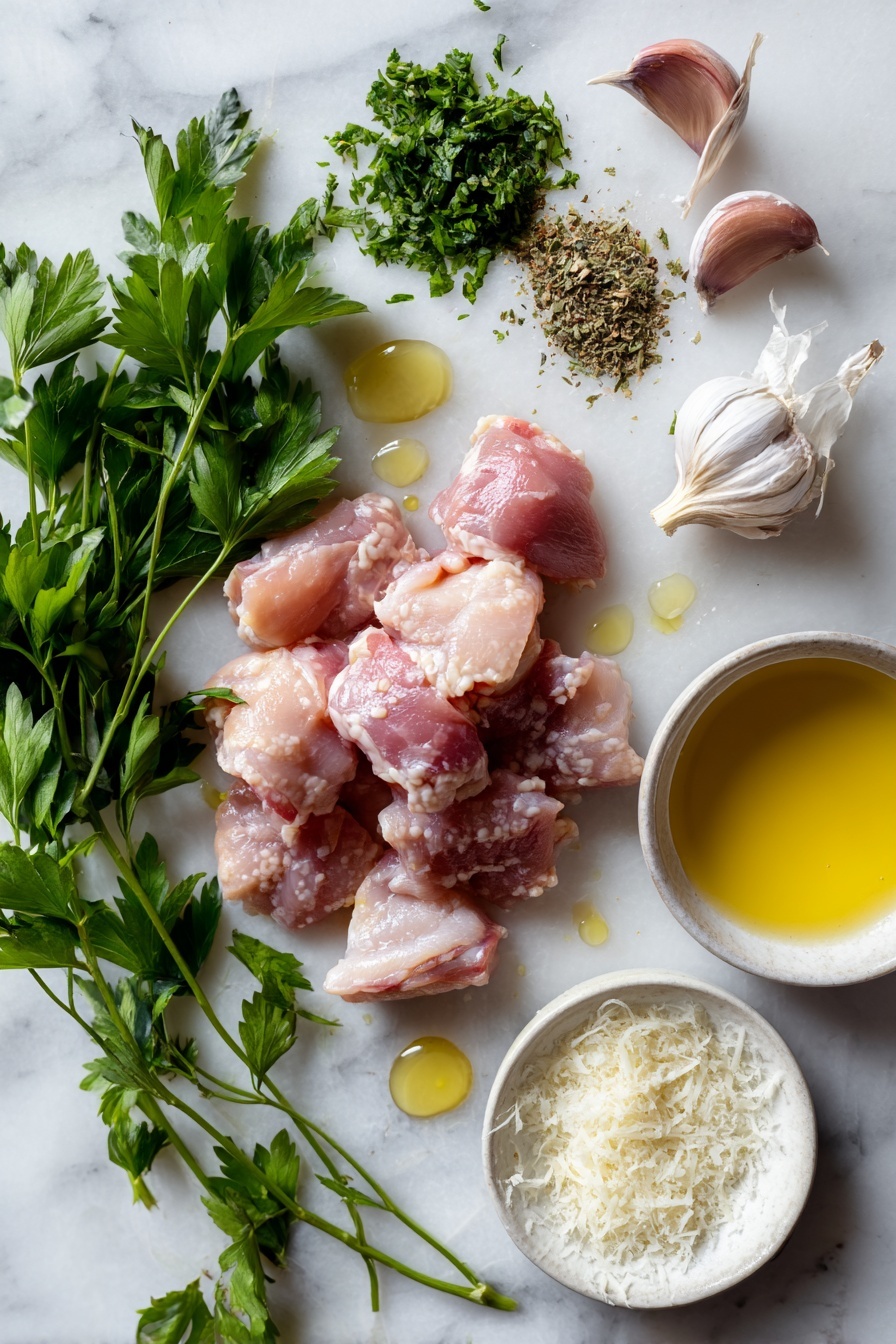 Air Fryer Garlic-Parmesan Chicken Skewers, Chicken Skewers with Garlic and Parmesan, Quick Air Fryer Chicken Dinner, Juicy Chicken Skewers, Easy Chicken Recipes - Flat lay of raw boneless, skinless chicken thigh pieces, fresh Italian parsley leaves finely chopped, fragrant garlic bulbs and loose garlic cloves, small piles of finely grated Parmesan cheese, sprigs of dried Italian seasoning herbs, and a smooth pool of melted unsalted butter, arranged beautifully with a few olive oil droplets scattered artistically, placed on a white marble surface, photo taken with an iphone --ar 2:3 --v 7